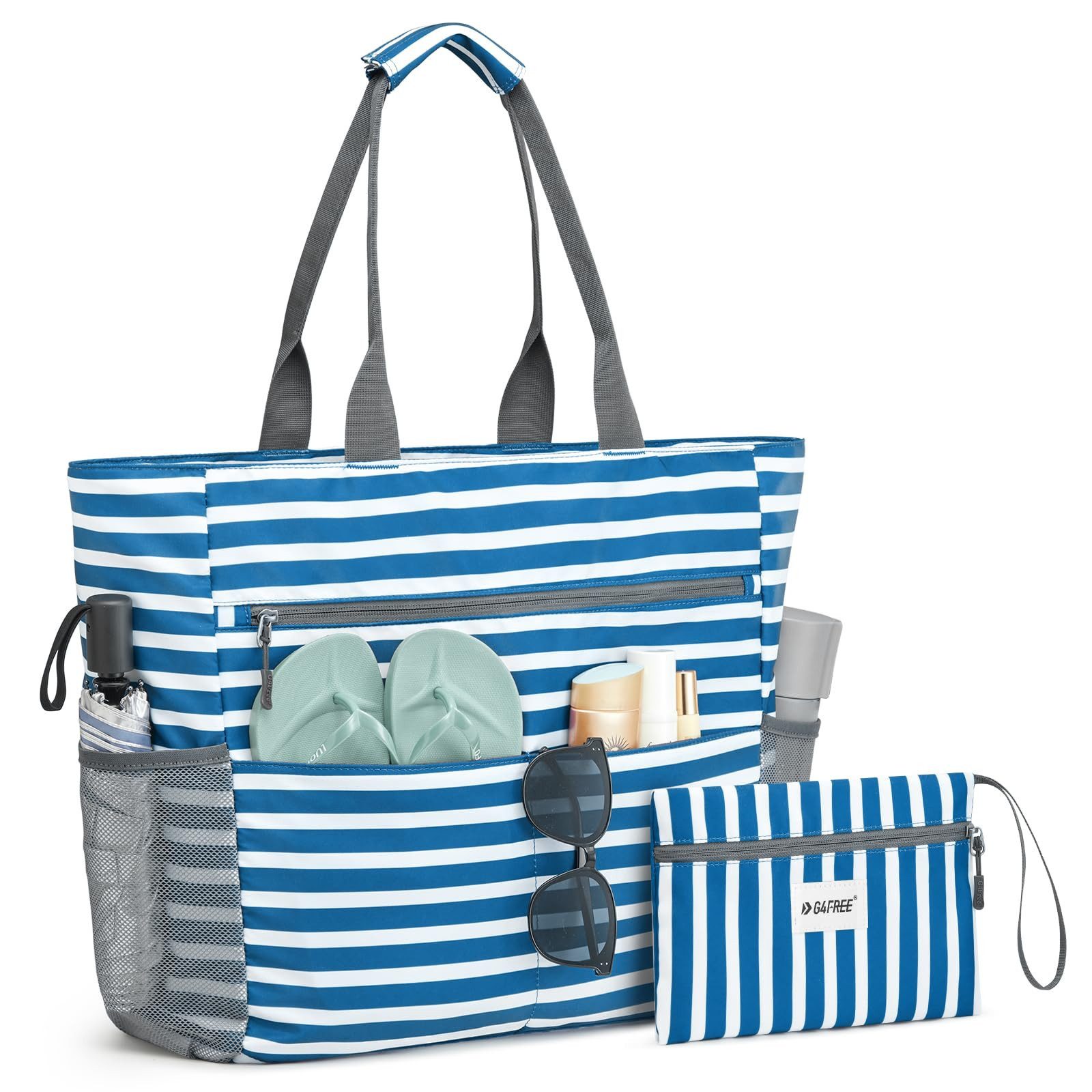 G4Free Strandtasche Strandtasche wasserdichte Handtasche sanddichte Freizeittasche, Tragetasche groß Reisetaschen faltbar für Frauen Praktische Aufteilung