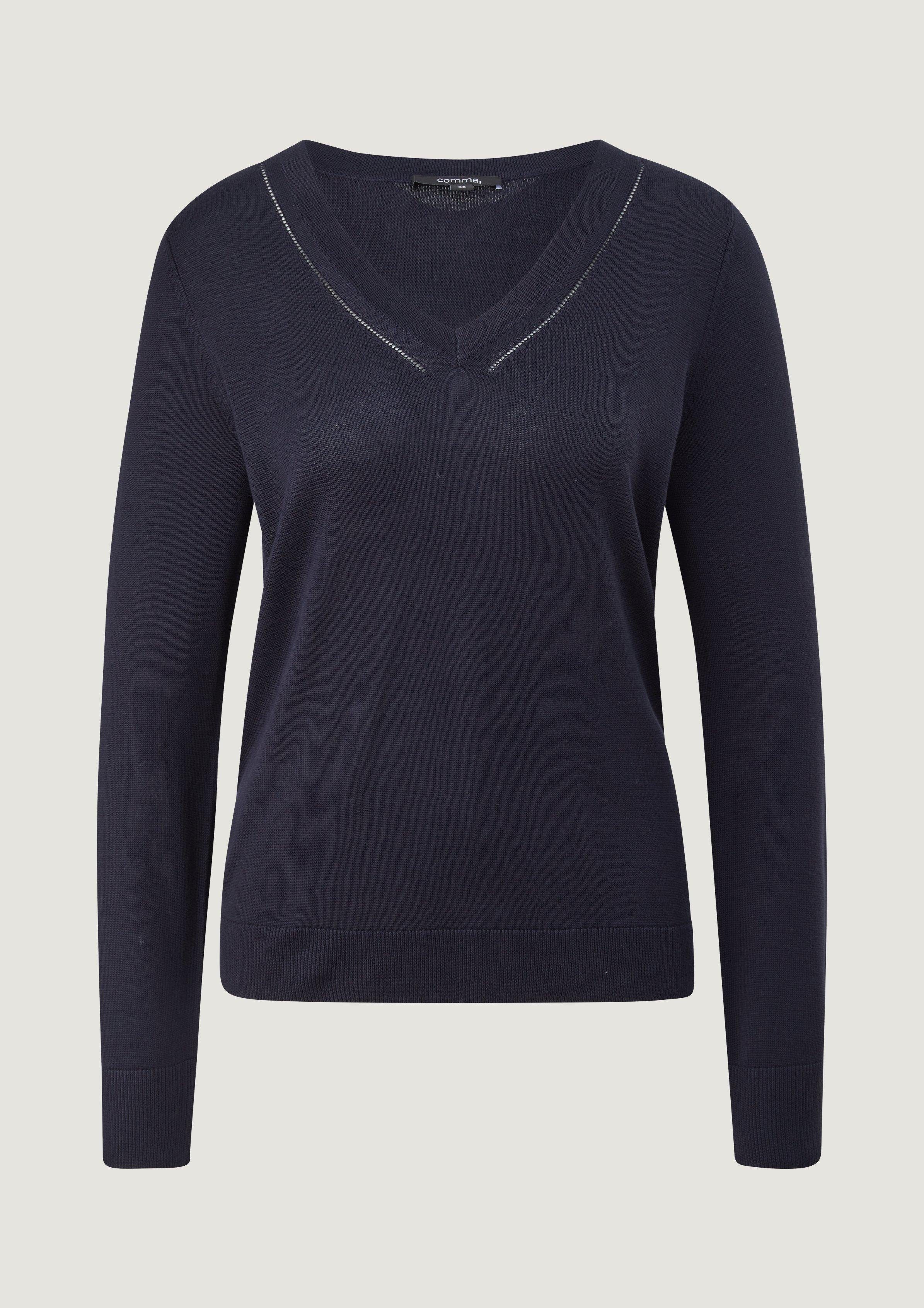 Langarmshirt Pullover navy Ajourdetail Comma mit