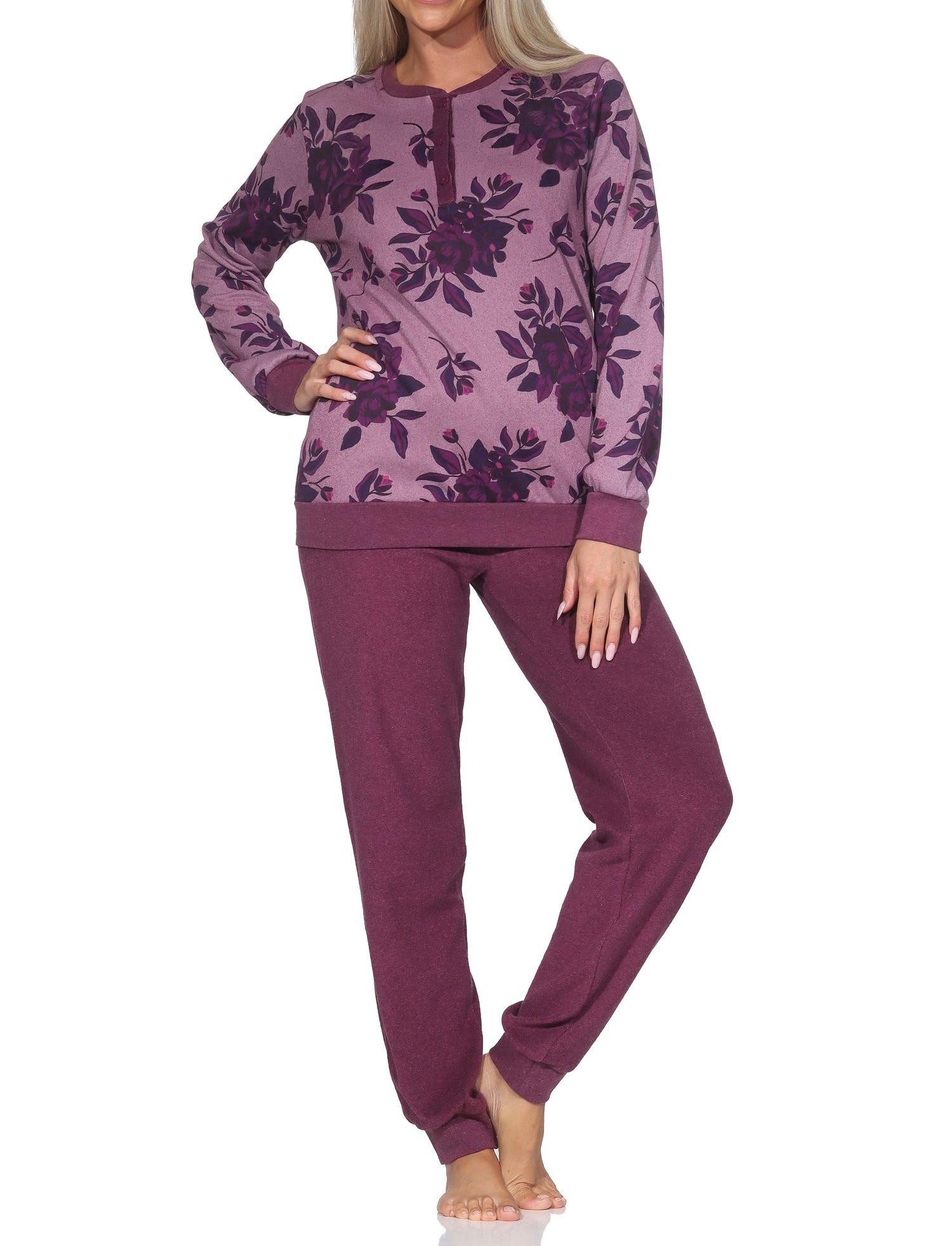 Pyjama Normann Damen Frottee Schlafanzug lang mit Bündchen in edler Optik