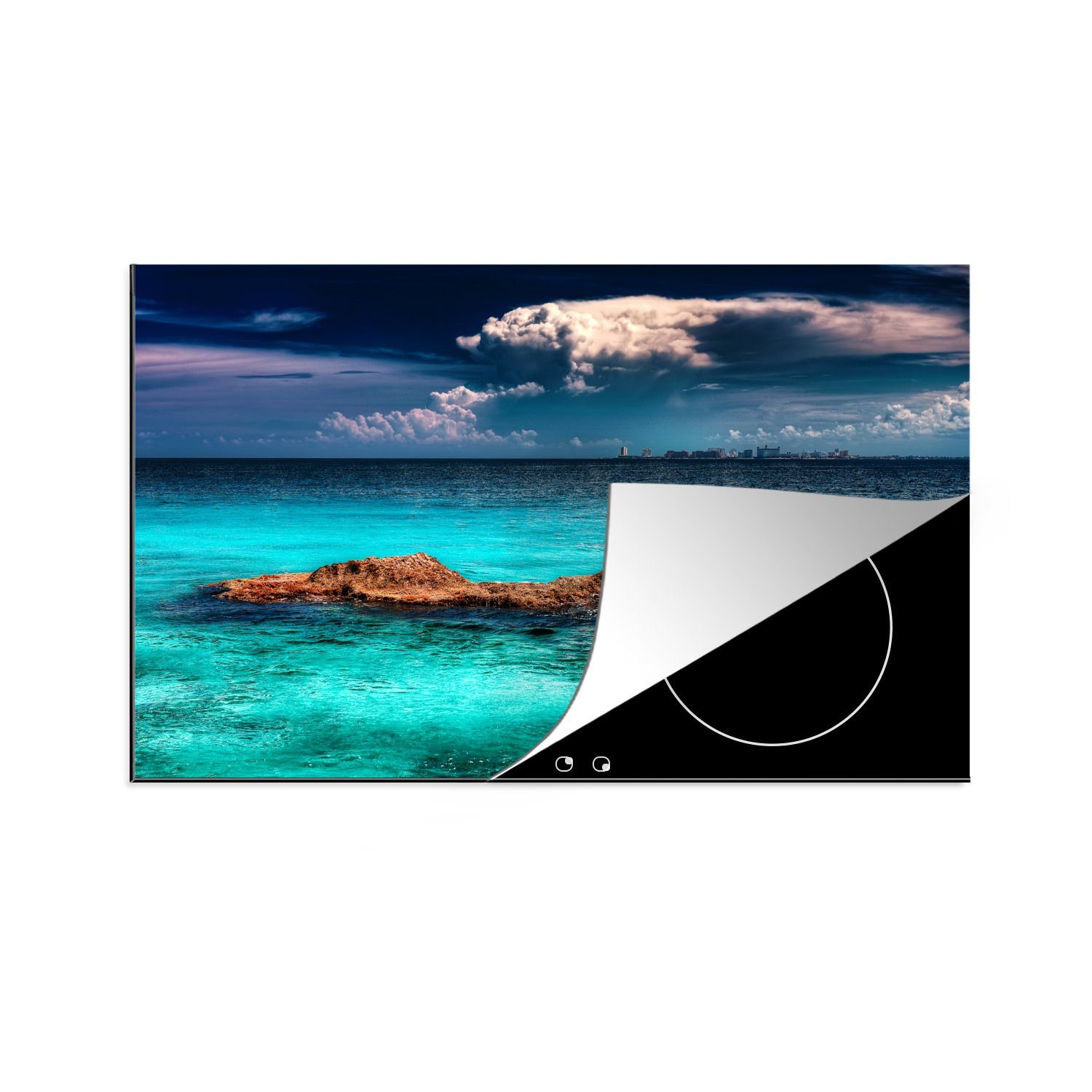 MuchoWow Herdblende-/Abdeckplatte Die Skyline von Cancun von den Gewässern der nordamerikanischen Isla, Vinyl, (1 tlg), 81x52 cm, Induktionskochfeld Schutz für die küche, Ceranfeldabdeckung