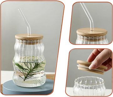 HIBNOPN Gläser-Set 500 ml Trinkgläser Set mit Deckel und Strohhalmen Eiskaffeegläser