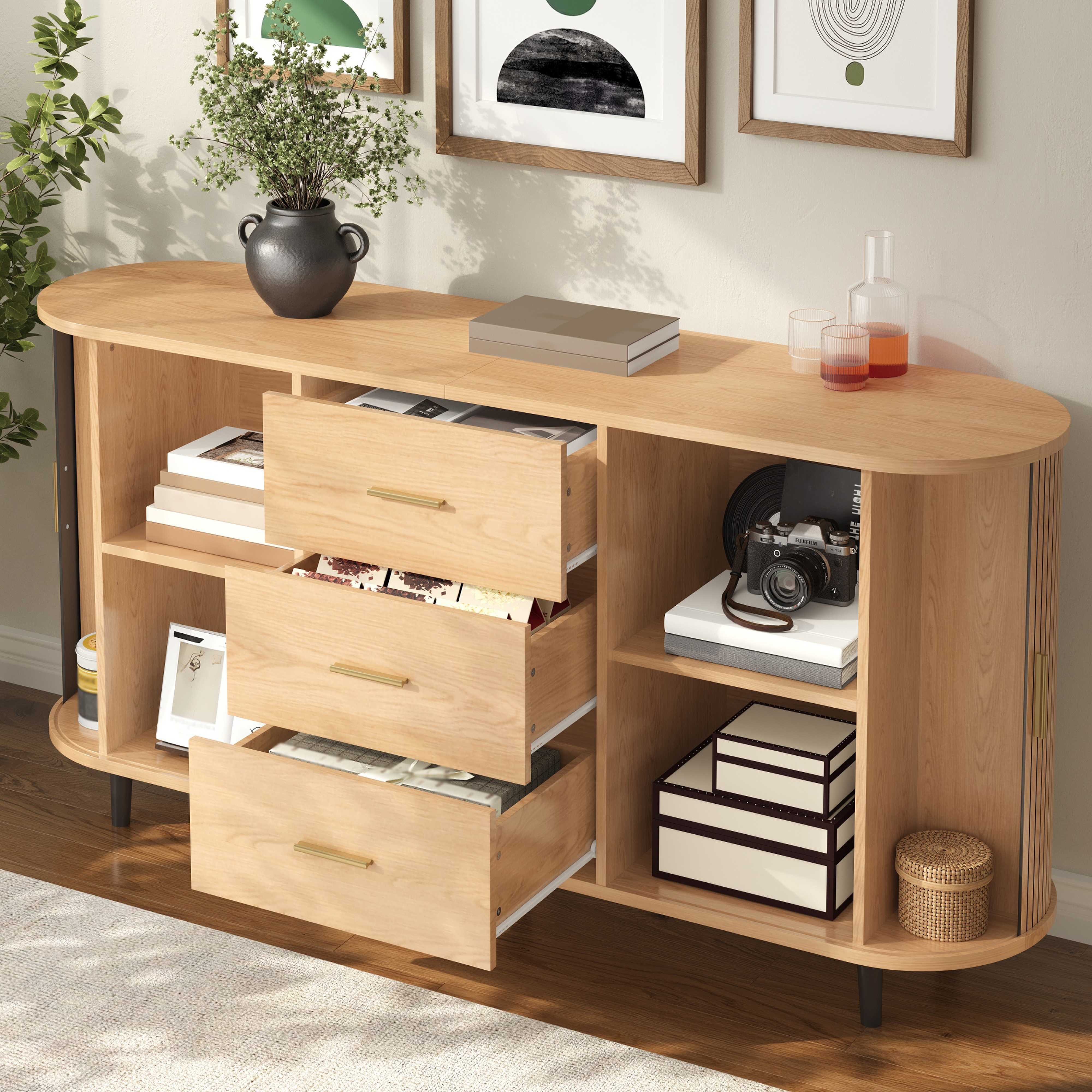 BlingBin Sideboard Schubladenschrank Anrichte Kommode Abgerundetes (2 Packung, 1 St., mit 3 Schubladen,Lamellen-Schiebetüren und verstellbaren Einlegeböden), 160x40x80,5 cm,für Wohnzimmer & Essbereich
