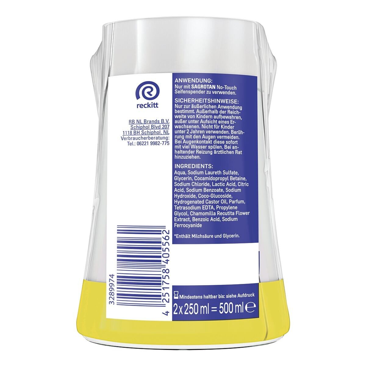 SAGROTAN Flüssigseife Kamille Hydra Care, 2x 250 ml Nachfüller für No-Touch
