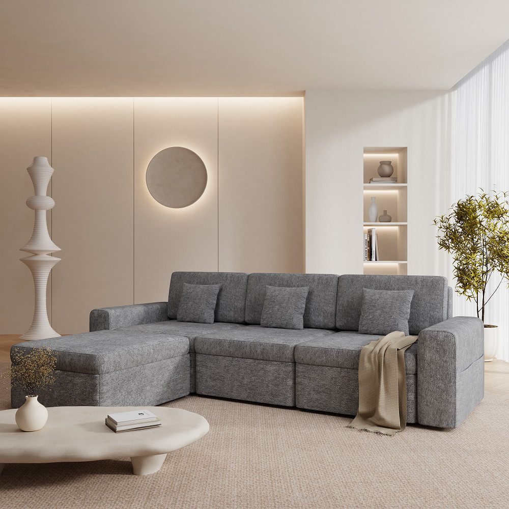HOMAVO Ecksofa Schlafsofa, Couch L-Form, keine Montage erforderlich, inkl. Zierkissen, FSC® modulares Sofa, optionale Schlaffunktion & flexible Ottomane, Größe modular anpassbar, Stauraum je Sitz & edles Chenille für Komfort