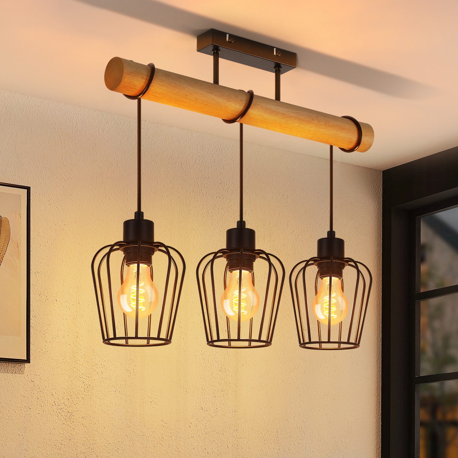 ZMH Deckenleuchte E27 Deckenlampe 2/3/4 Flammig Schwarz-Holz Wohnzimmer Esszimmer, Einfache Installation, ohne Leuchtmittel, Wohnzimmerlampe mit höhenverstellbaren Strahlern aus Metall