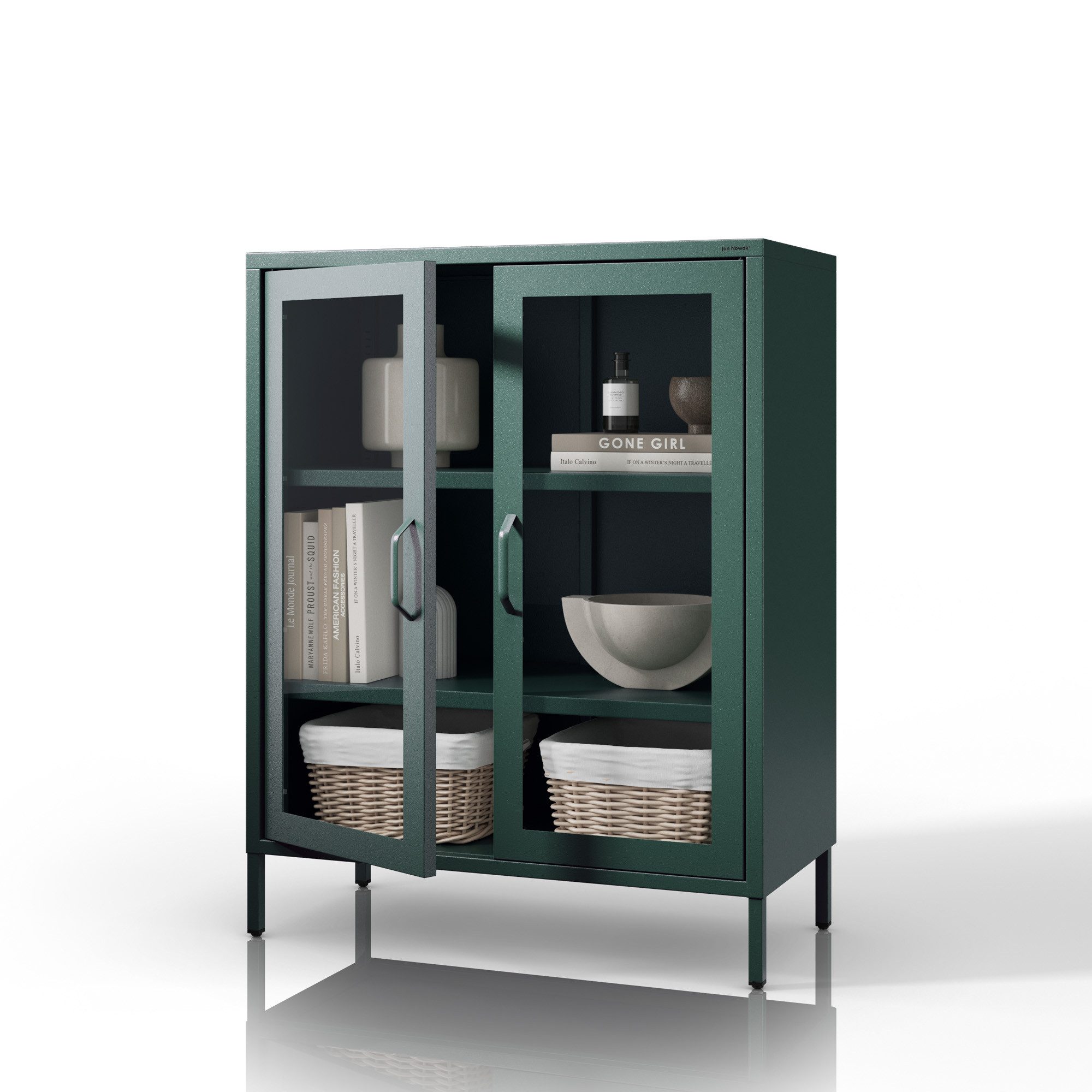 Jan Nowak Vitrine GINA Vitrine Glas Metall Stahl 80x101x40cm Hartglas 2 Regale (Stahl 0,6mm, Hartglas, 2 Regale 25mm, Magnete Silikonpads) Sparkling Brilliance Beine regulierbar Wohnzimmer Salon