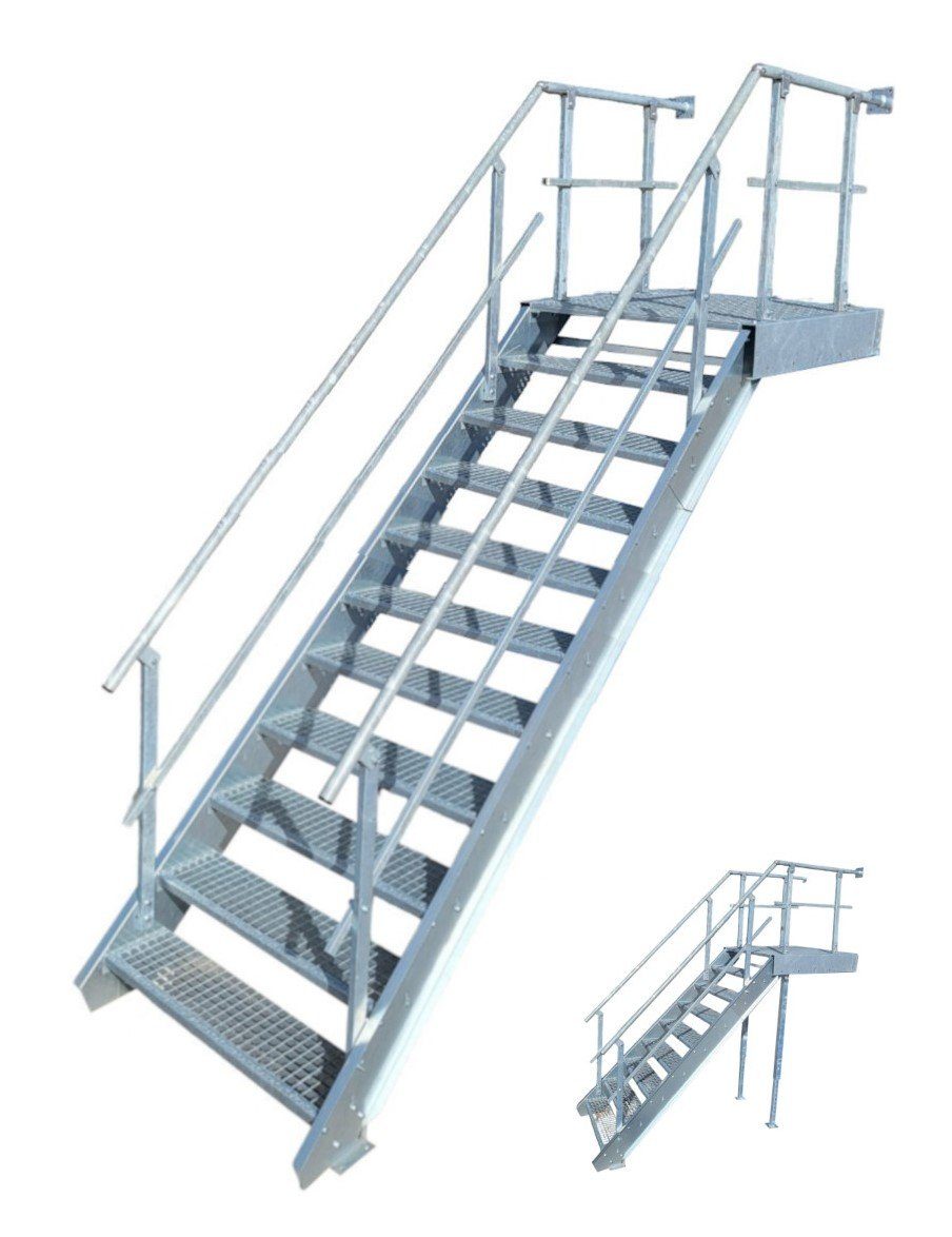 SRM Design Außentreppe 10 Stufen + Podesttreppe beids. Geländer breite 100cm höhe 165-220cm