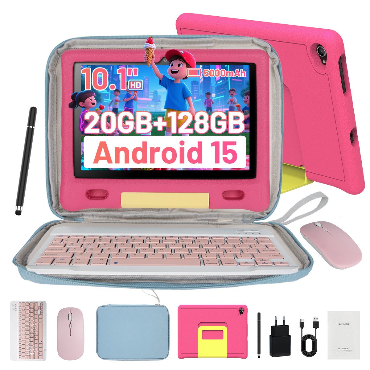 BUFO 10,1 Zoll Android 15 Octa Core 128 GB HD IPS Elternkontrolle Kinder Tablet (10,1", 128 GB, Android, WiFi 6, 5000mAh Akk, HD 1280x800, mit Tastatur/Maus/Stift/Tasche)