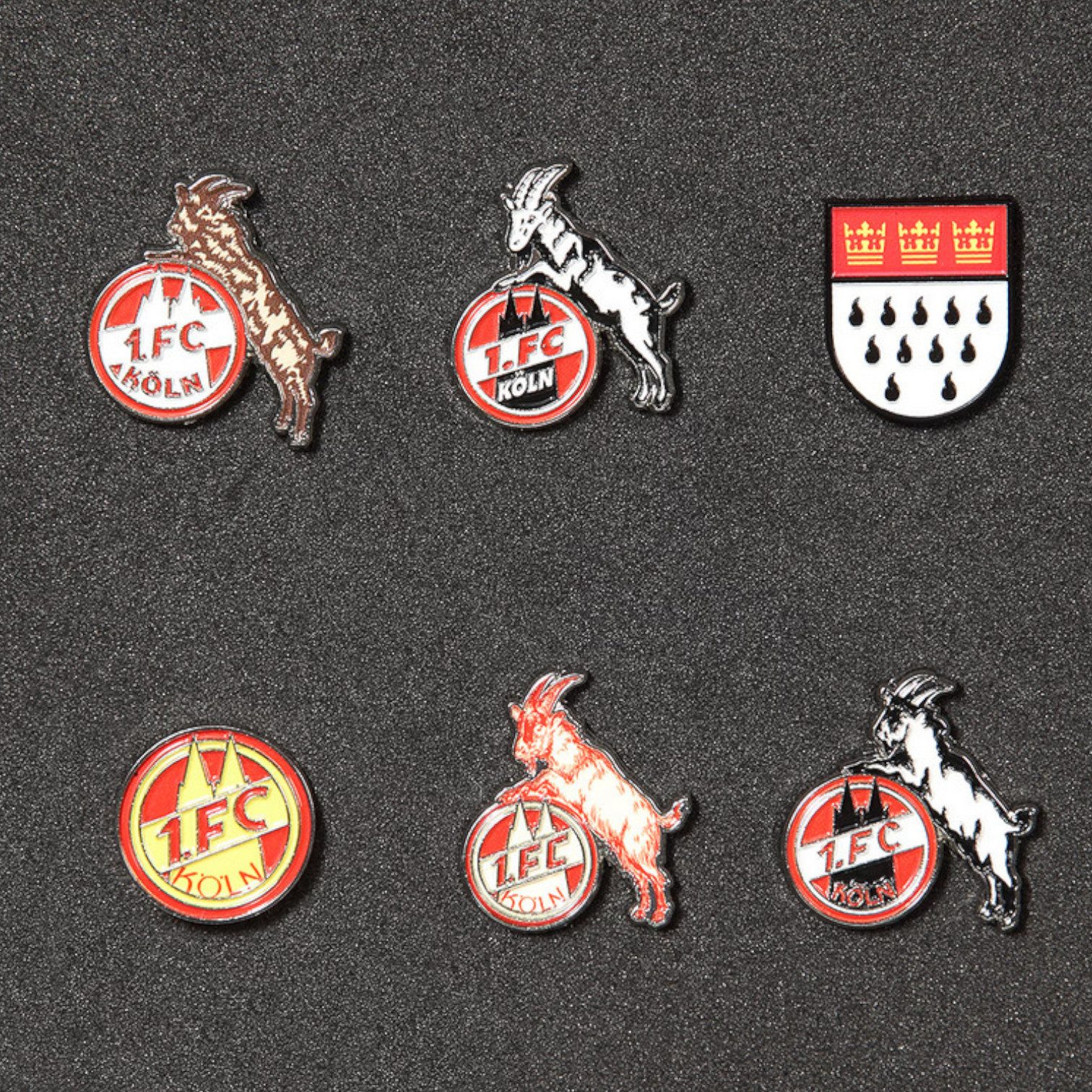 1. FC Köln Broschen Set Pin Box Retro Logos 6 Ansteckpins aus Metall schwarze Präsentationsbox (6-tlg), 6 Ansteckpins aus Metall in schwarzer Präsentationsbox