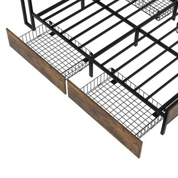 OKWISH Metallbett Doppelbett mit Lattenrost und Kopfteil, LED-Bett mit USB-Ladeanschluss (140*200cm, mit 4 Schubladen für Erwachsene und Junioren, Staufunktion), ohne Matratze
