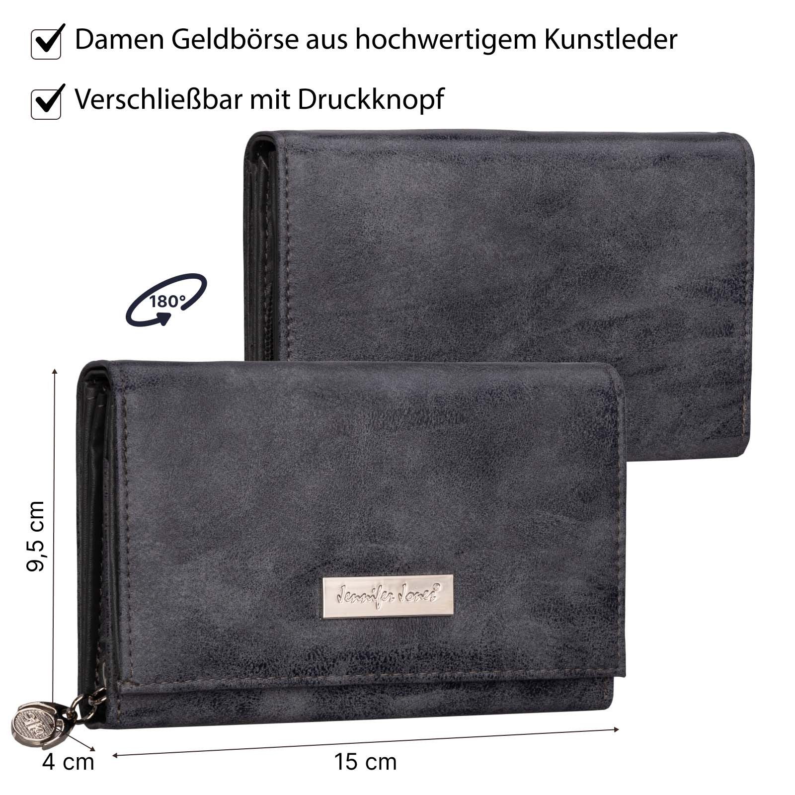 Jennifer Jones Geldbörse JENNIFER JONES Damen Geldbörse Portemonnaie Grau, Damen Geldbörse klappbar mit Reißverschluss Portemonnaie Geldbeutel