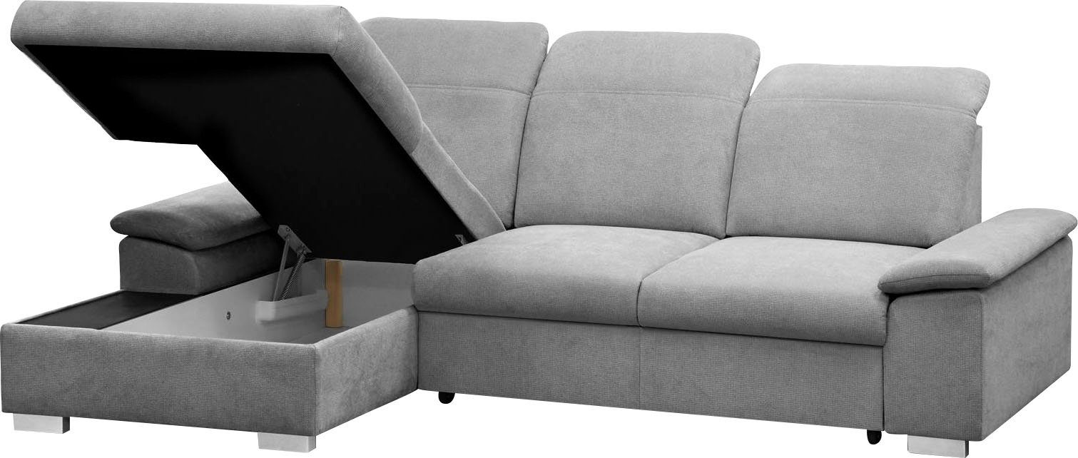 CALIZZA INTERIORS Ecksofa Moli Schlaffunktion, silber Bettkasten, Sitztiefenverstellung 2, Kopfteilverstellung