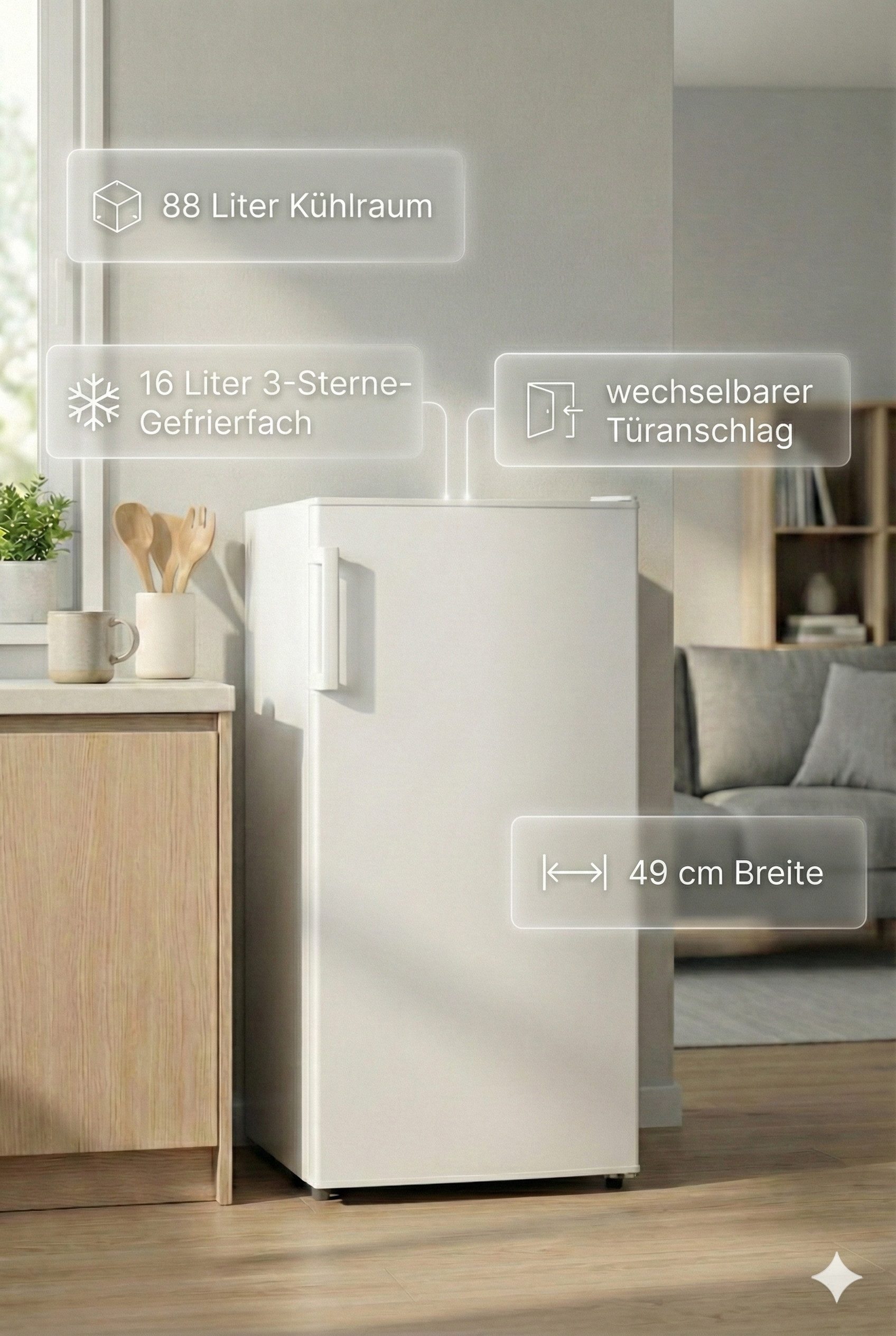 PKM Kühlschrank Unterbau mit Gefrierfach KS104.3EUB, 83.5 cm hoch, 49 cm breit, Regelbares Thermostat Manuelles Abtausystem Wechselbarer Türanschlag