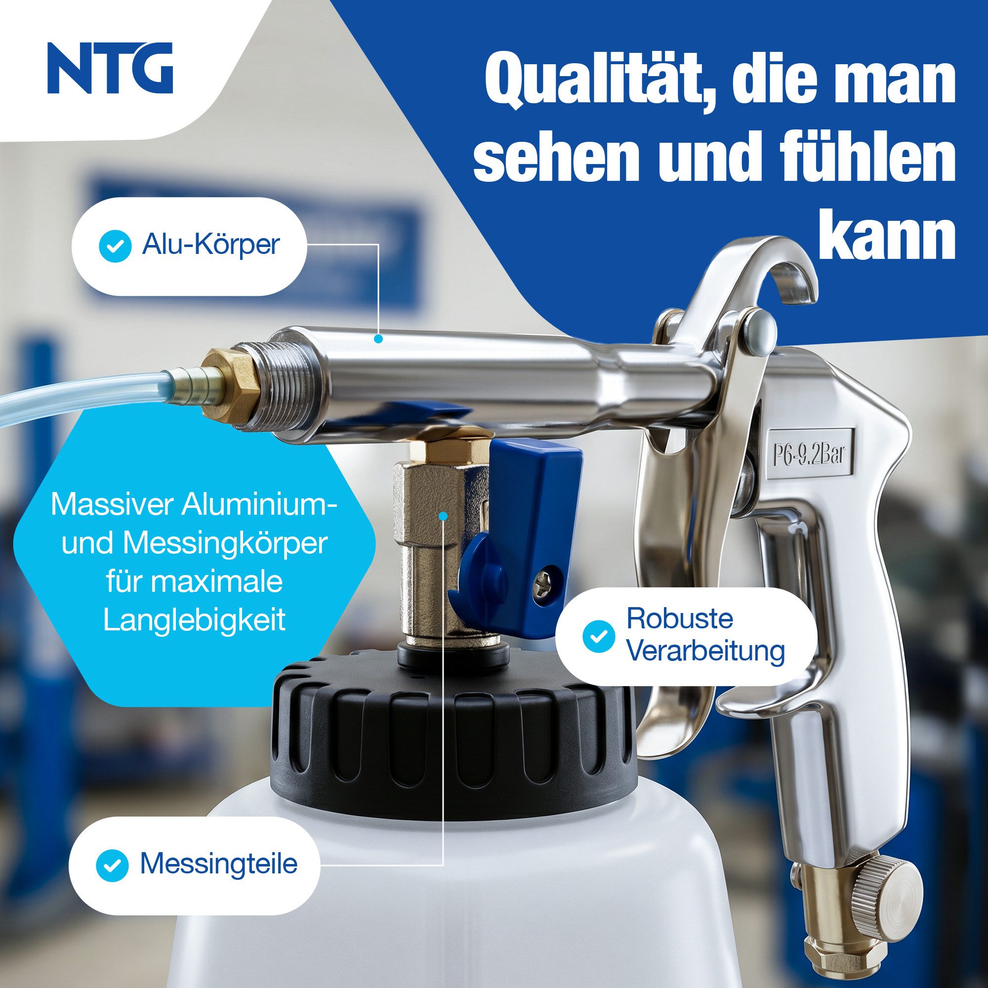 NTG Nutzfahrzeug Technik GmbH Hochdruckpistole Druckluft Reinigungspistole 1L Tiefenreinigung, (5-tlg), mit Vortex Verwirbelungsdüse – Bild 4 von 5
