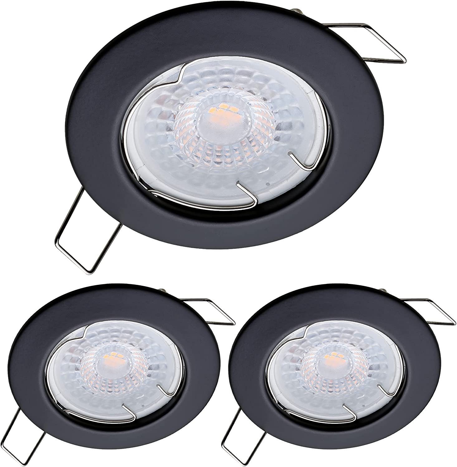 Oktaplex lighting LED Einbaustrahler 3 Stück LED Deckenspot flach inkl. LED Module 5W 380 Lumen, Dimmbar, Leuchtmittel wechselbar, warmweiß, 3000 Kelvin 230V schwarz