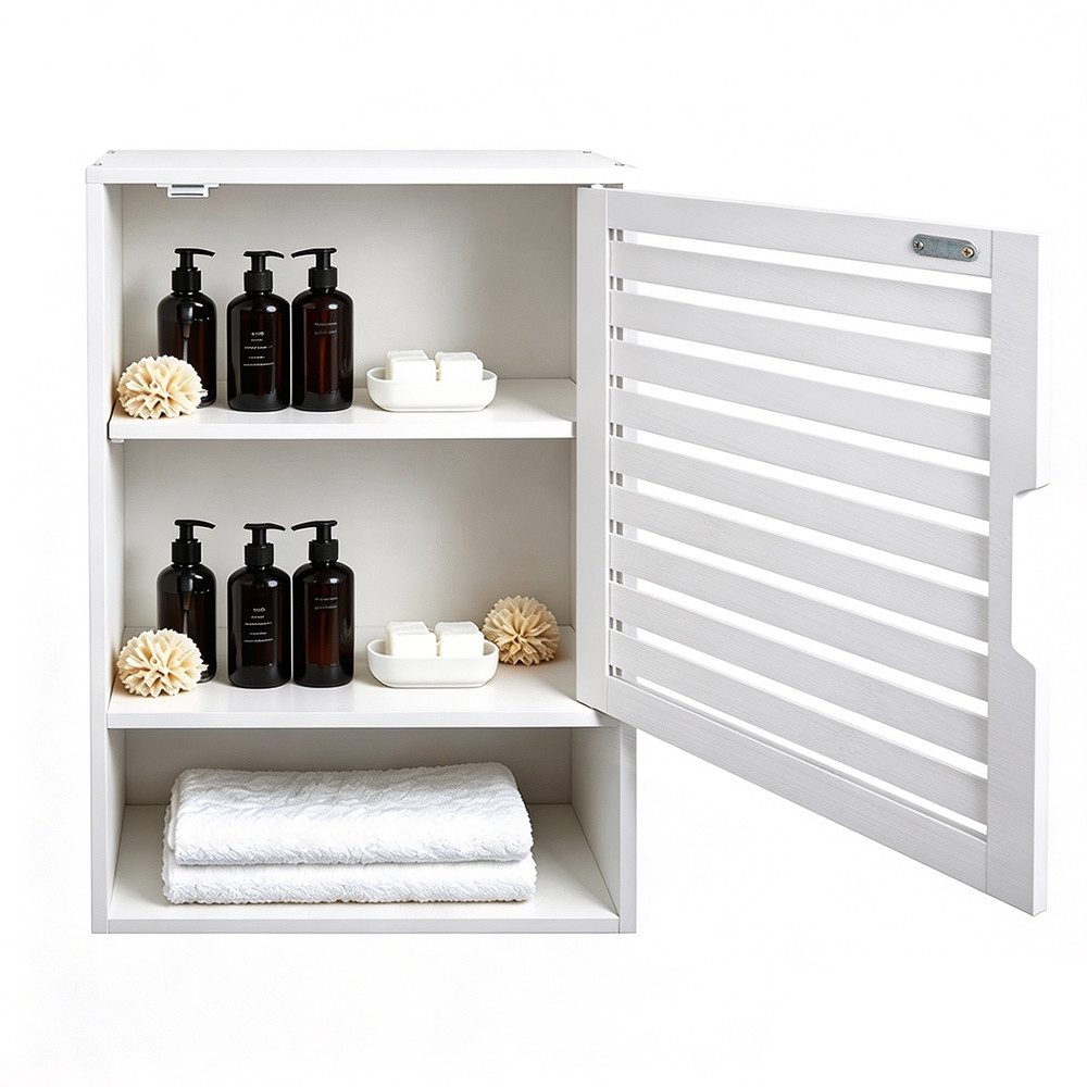 JEOBEST Hängeschrank Badezimmerschrank Hängend Bambus Wandschrank Badezimmer Regal Lamellentüren und offenem Fach, Modern Design 20 x 40 x 60 cm