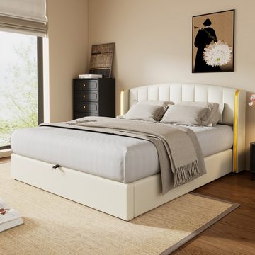 OKWISH Polsterbett Hydraulisches Bett (140*200cm), mit goldgerandetes Ohrendesign, Bettkasten, Lattenrost und Kopfteil