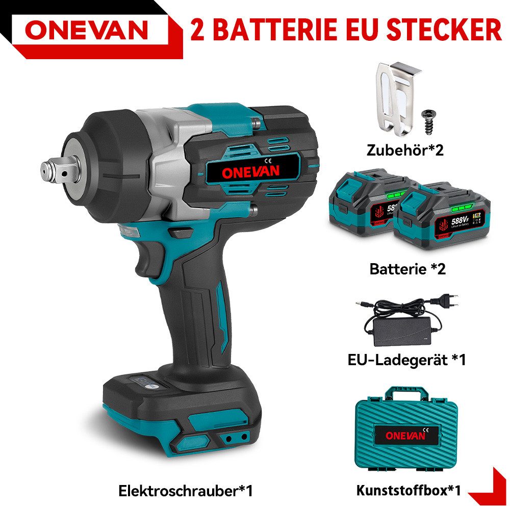 ONEVAN Akku-Schlagschrauber 2800 Nm 1/2" Bürstenloser Schlagschrauber mit 2 Akkus & Box, 8000 U/min für Autoreparaturen und Heimwerkerarbeiten