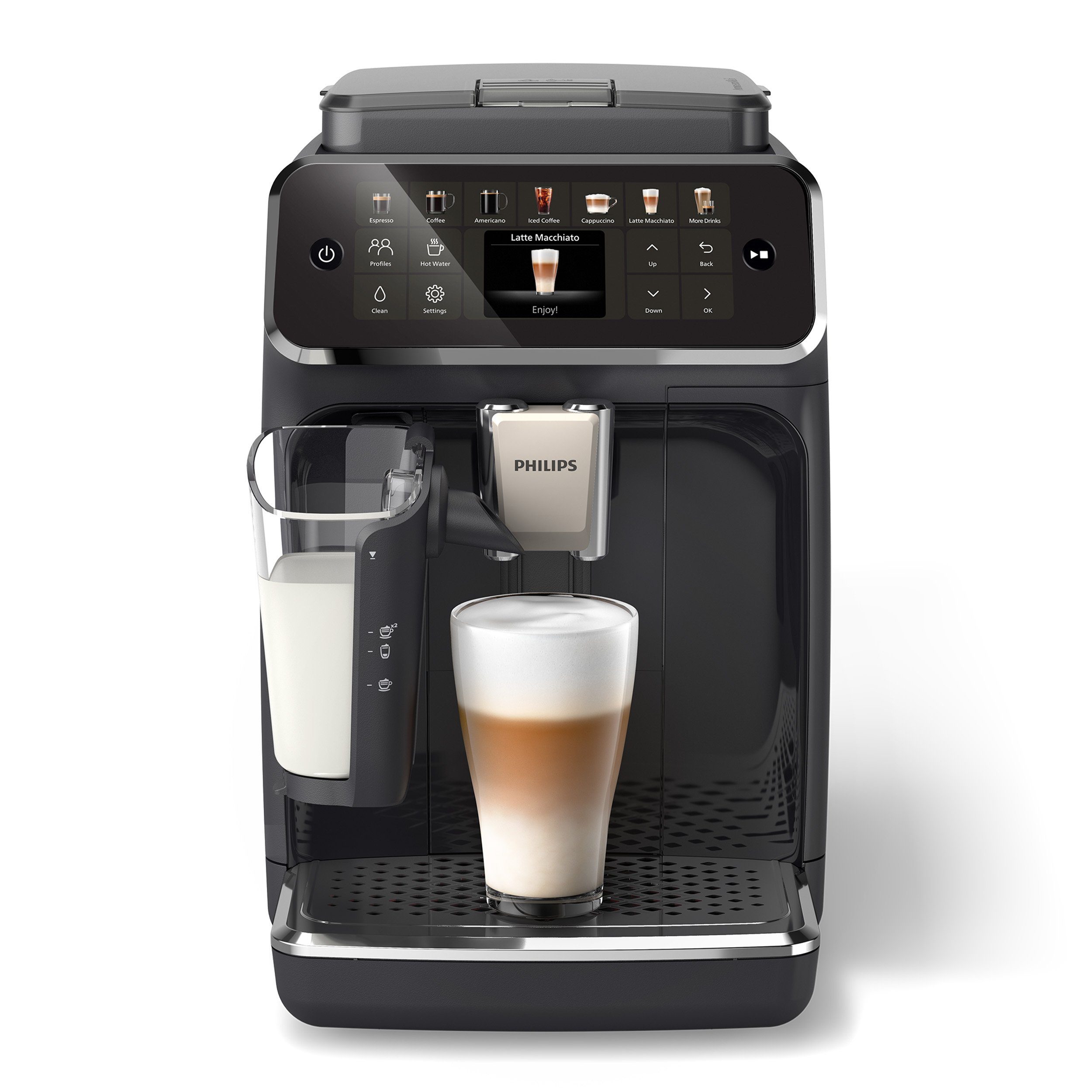 Philips Kaffeevollautomat EP4441/50 4400 Series, 12 Kaffeespezialitäten (heiß oder eisgekühlt), LatteGo-Milchsystem, SilentBrew Technologie, Schwarz