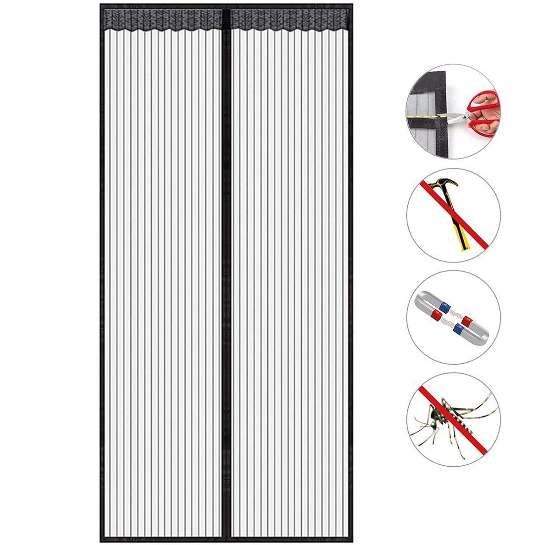 YOOdy~ Insektenschutz-Tür Fliegengitter Tür Magnet Schwarz Bohren Insektenschutz ohne Türvorhang