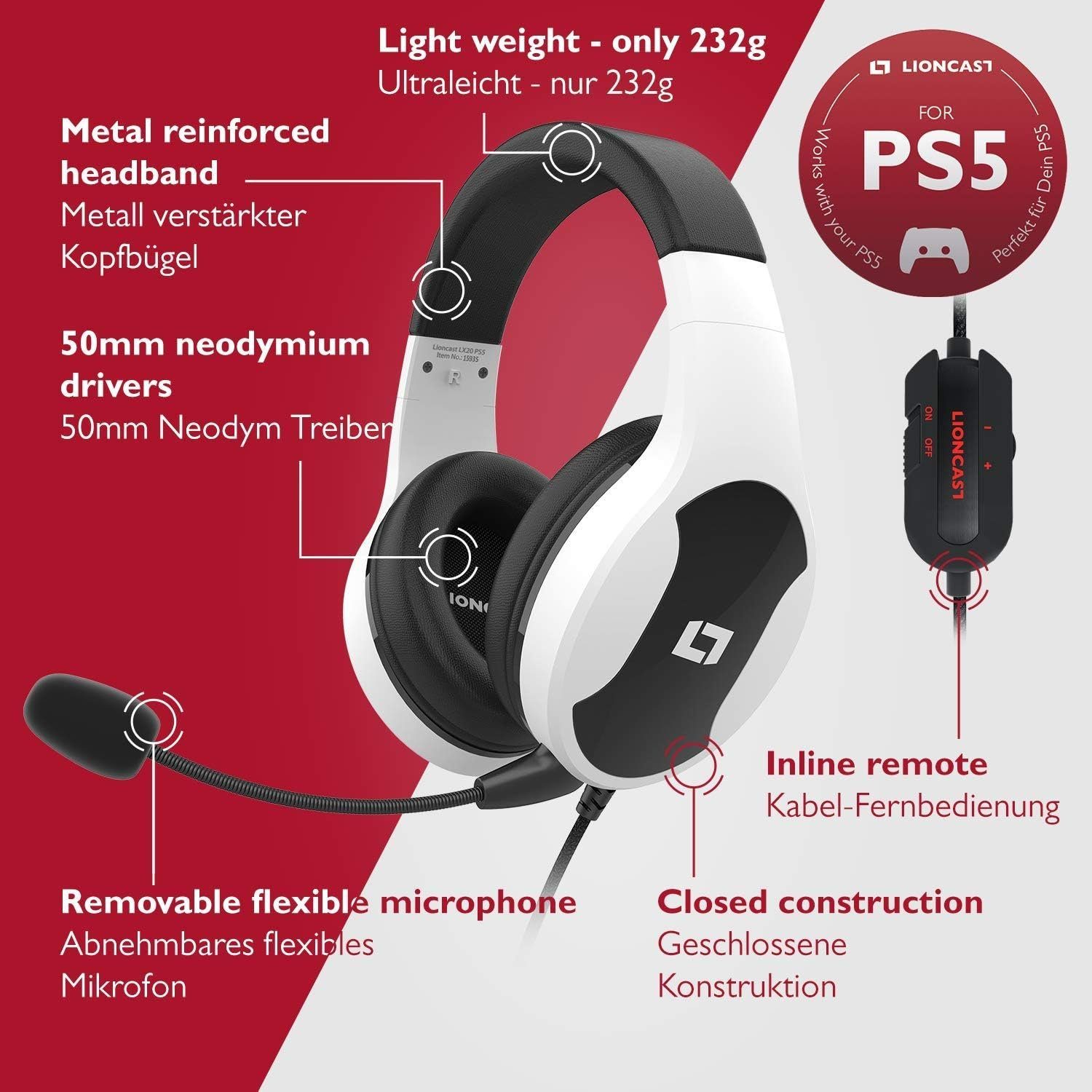Lioncast lx20 Gaming-Headset - Mikrofon leicht Headset mit Headset Geschlossene Ear) Weiss (Kopfhörer Stereo-Sound, Over Gaming mit