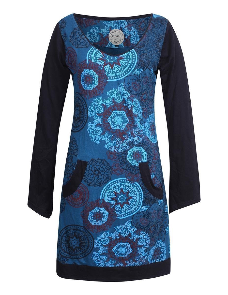 türkis Shirt, V-Ausschnitt Mandalas Kleid Jerseykleid Lagen-Look Langarm Vishes Hippie-Kleid Long