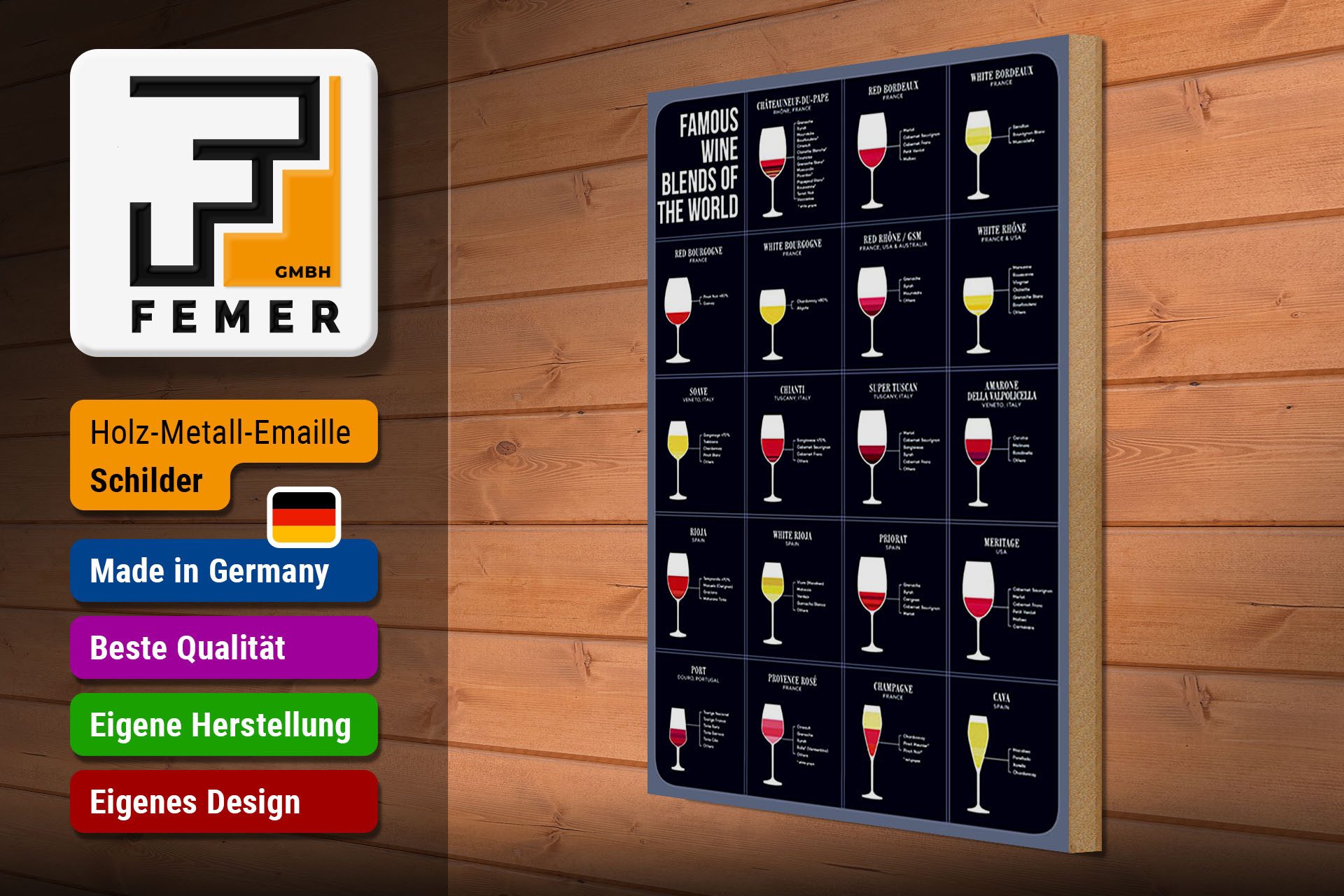 Femer GmbH Holzbild Alkohol 30x40 cm Famous wine blends of the world, (1 St), Glatte Holzfaserplatte (MDF), vorn beschichtet