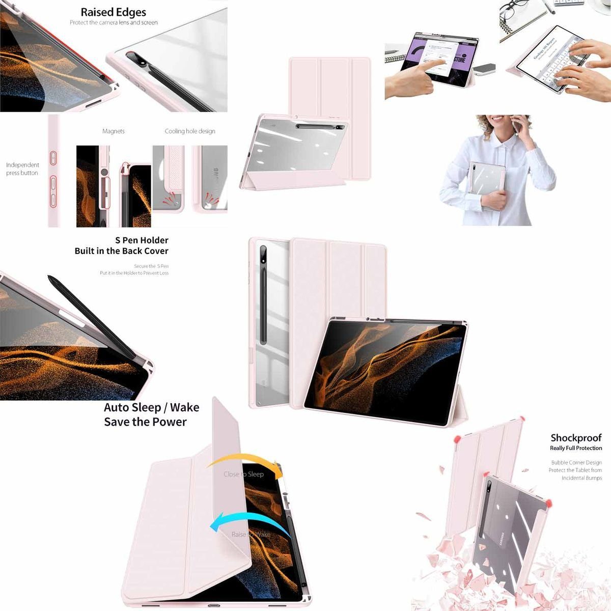 Wigento Tablet-Hülle Für Samsung Galaxy Tab S8 Ultra Tasche Pink Hülle  Etuis Design Acryl Smart Cover Case Schutz Kappe aufstellen