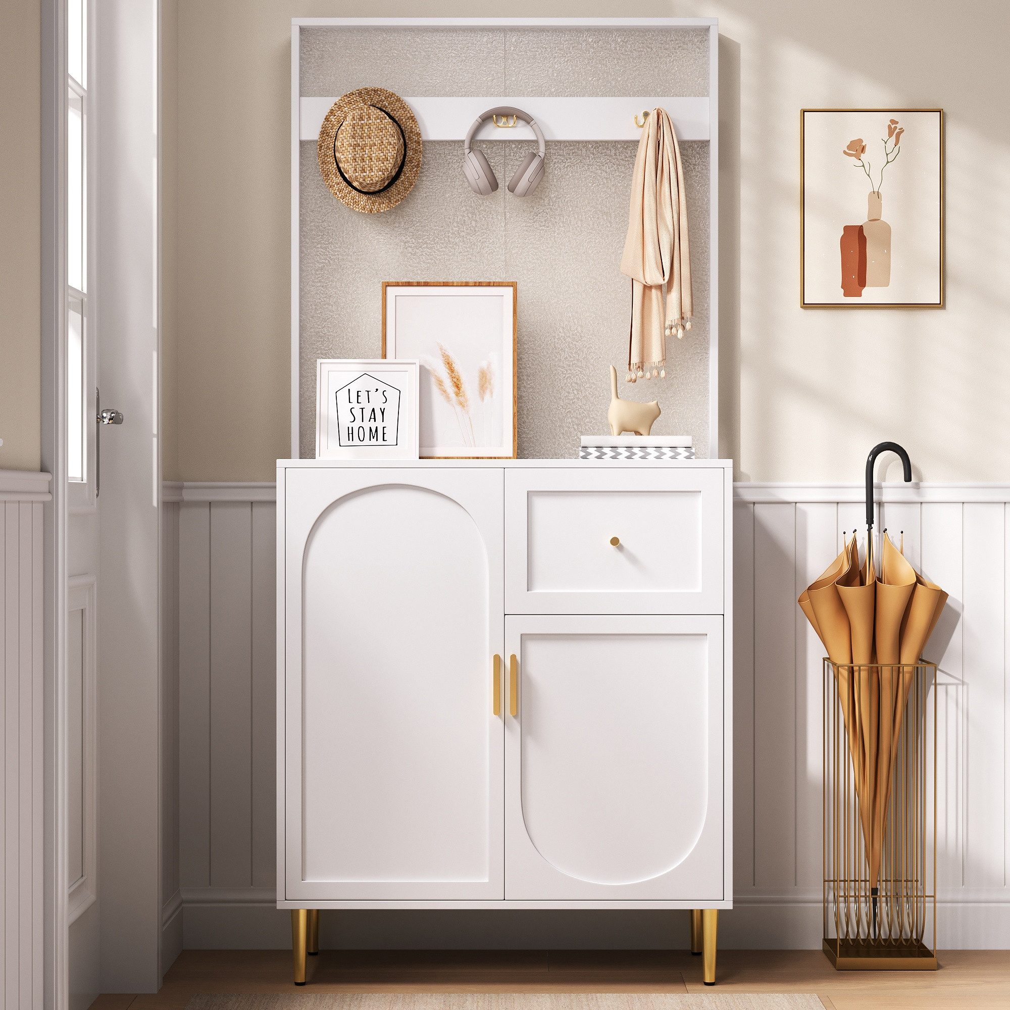 Refined Living Garderoben-Set Kompakte Flurgarderobe 80x35x175,5 cm mit Soft-Close, Weiß Gold, (Kompaktgarderoben, Flurgarderobe, Dielenschrank, Wandschrank, Regal, Diele & Flur Möbel, Kleiderschrank, Paneelen Design, Schuhschrank, 1-St., Garderoben Set, 80x35x175,5 cm, Weiß + Gold, MDF + Metallbeine), Soft-Close, verstellbare Böden, Haken, geriffelte Paneele