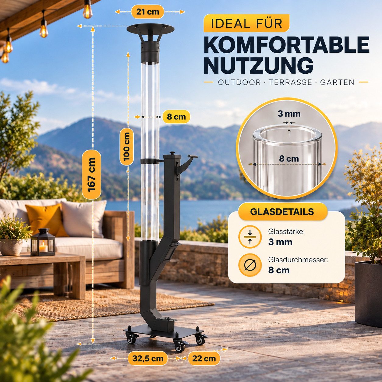 Ledklang Heizstrahler Pelletfackel Glasrohr,167CM,Outdoor Terrassenheizer,Stand, 6000 W, Terrassenfeuer Reinigungsbürste Feuersäule für Garten Brenndauer 2H – Bild 5 von 5
