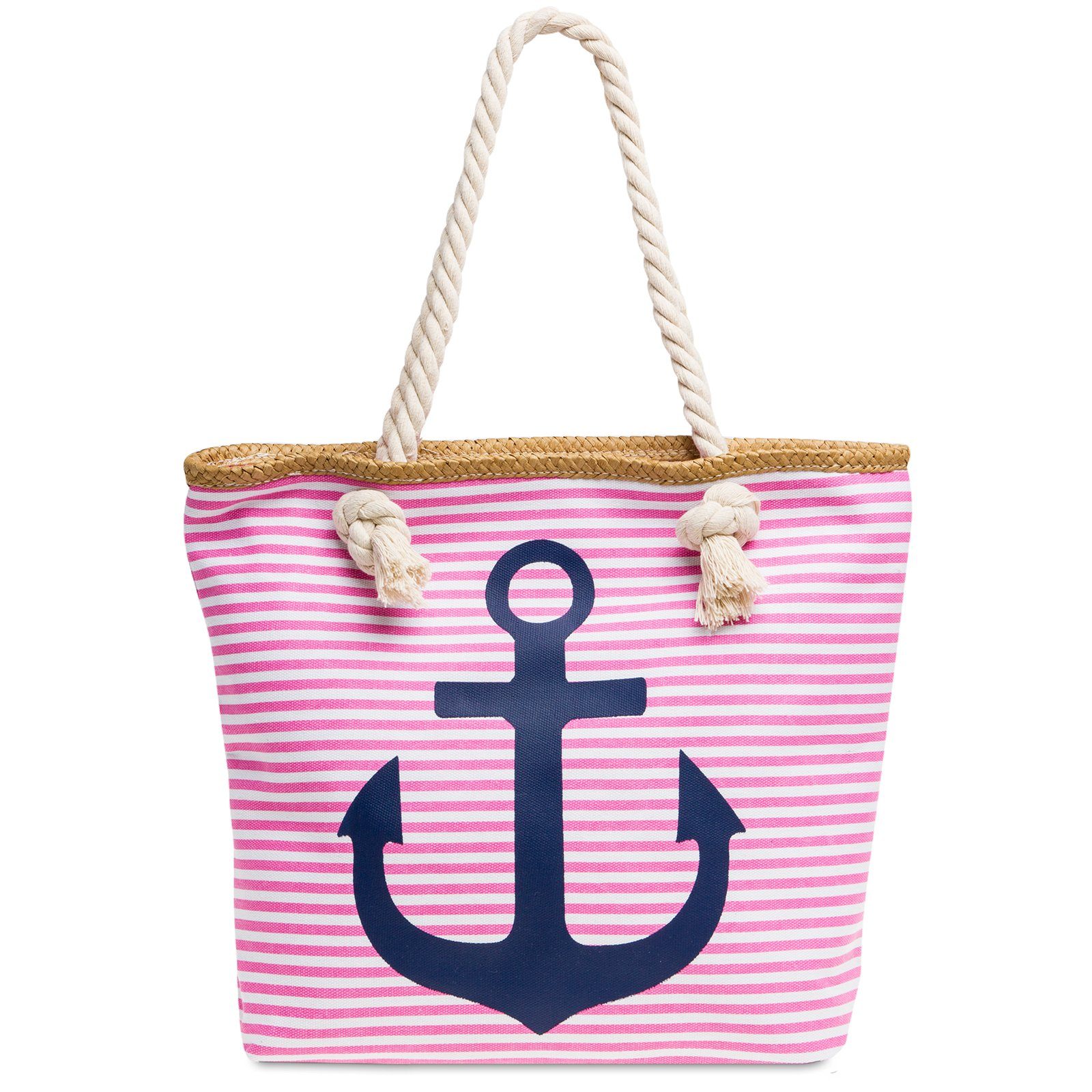 Shopper Reißverschluss ANKER Strandtasche und Streifen Damen maritimen Caspar / - Muster TS1040 mit rosa Strandtasche dunkelblau