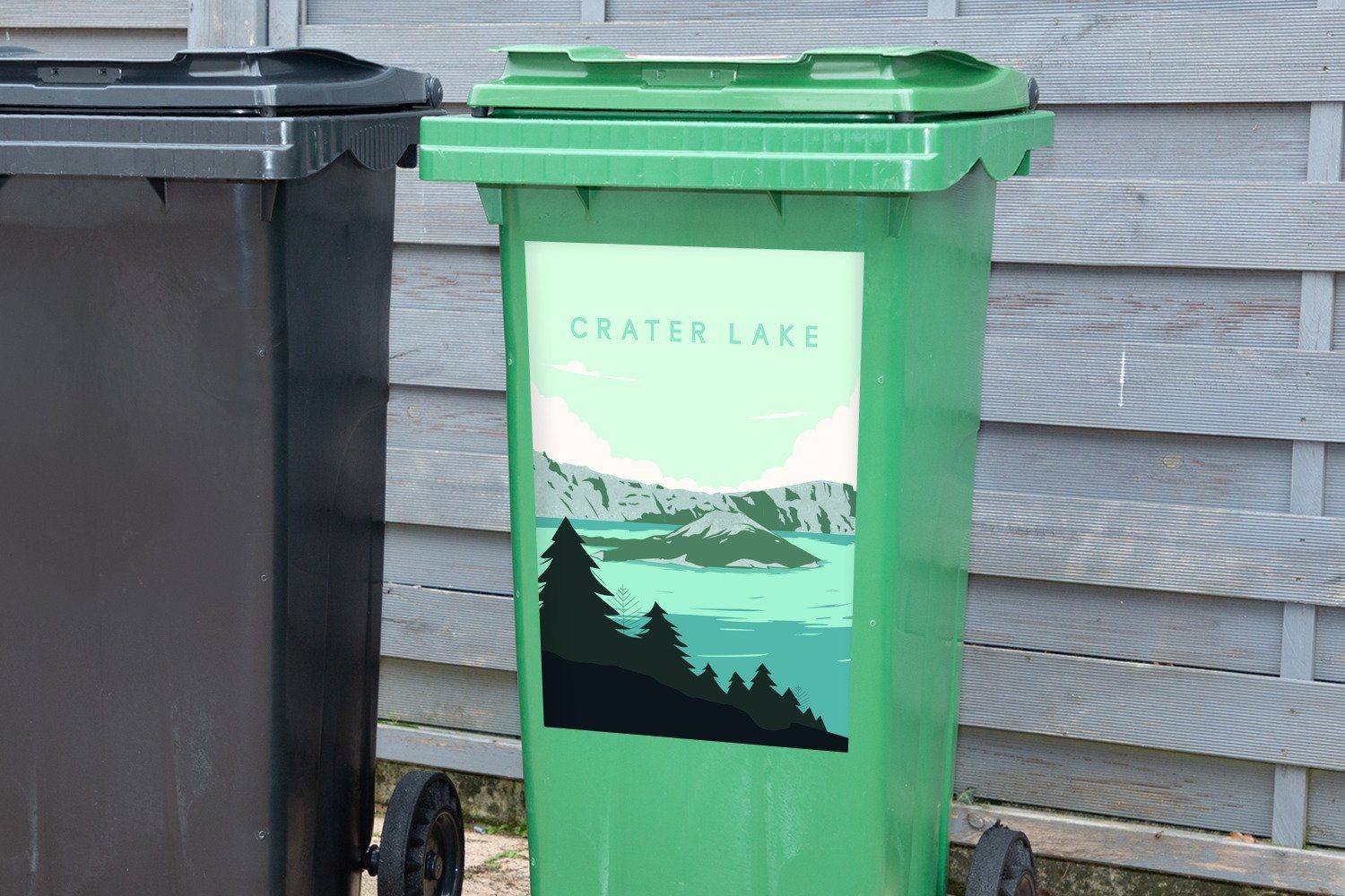 Mülleimer-aufkleber, - Oregon Sticker, MuchoWow Kratersee Illustration Landschaft - Container, - - - Mülltonne, Wandsticker (1 Abfalbehälter St), Amerika USA