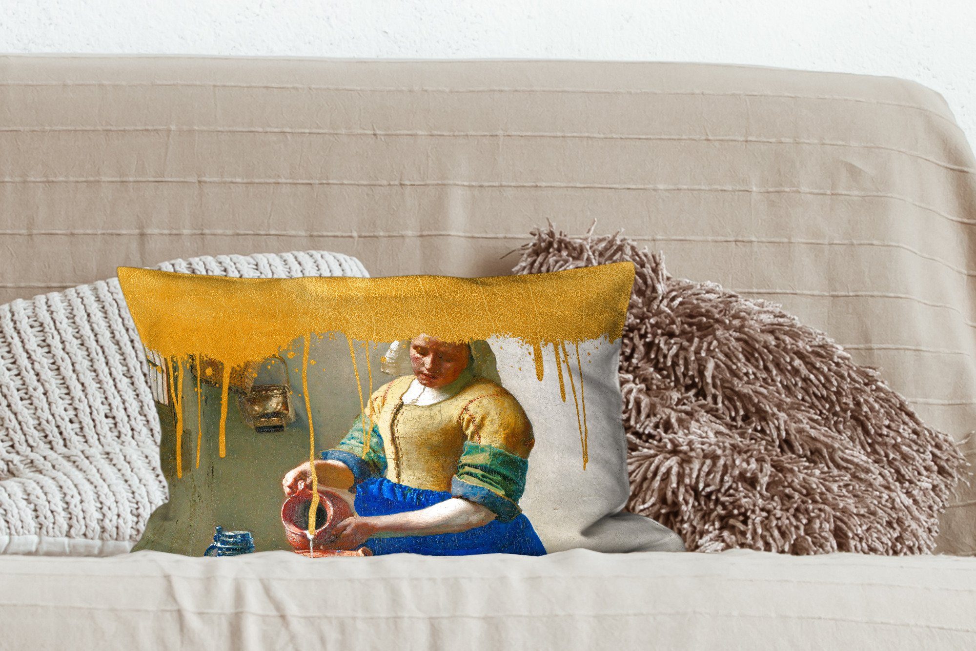 Milchmädchen Wohzimmer Dekoration, Gold Schlafzimmer - - Dekokissen mit MuchoWow Zierkissen, Dekokissen Füllung, Vermeer,
