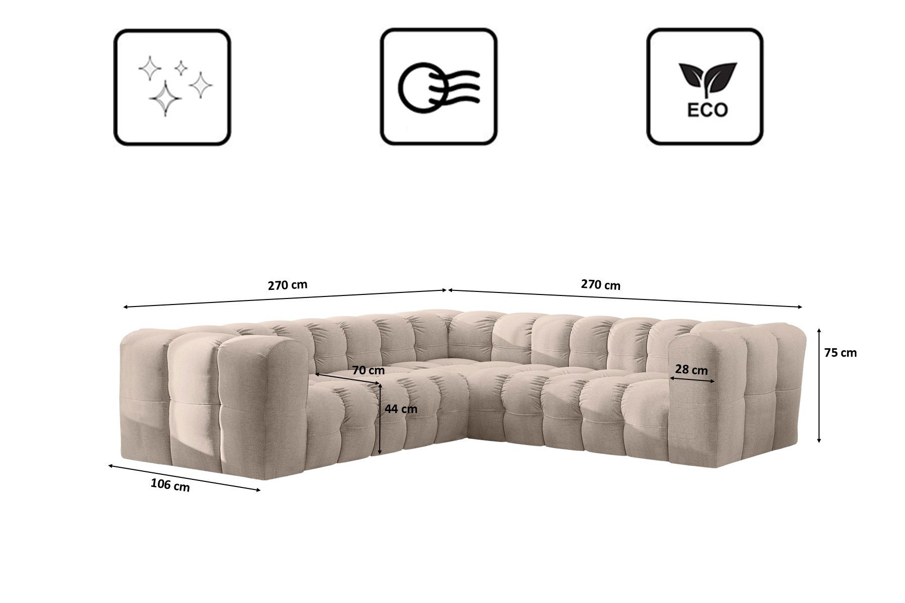 Kaiser Möbel Ecksofa BALOO CORNER Designer,für das Wohnzimmer, Stoff Moly, Einzelsofa, gesteppte Oberfläche,hoher Sitzkomfort,Water-Repellent-Stoff