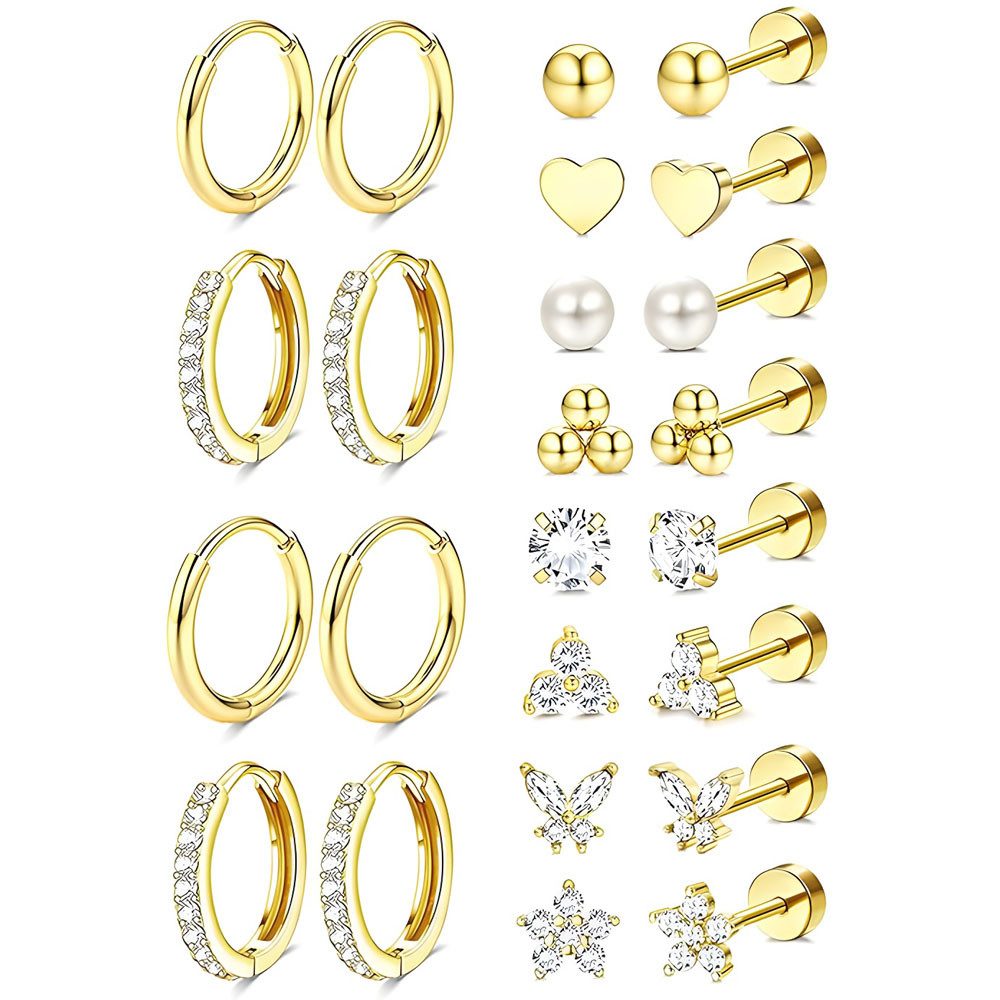 HoyoLee Ohrring-Set 12 Paar Ohrringe Gold Silber Set, Chirurgenstahl Creolen Ohrstecker