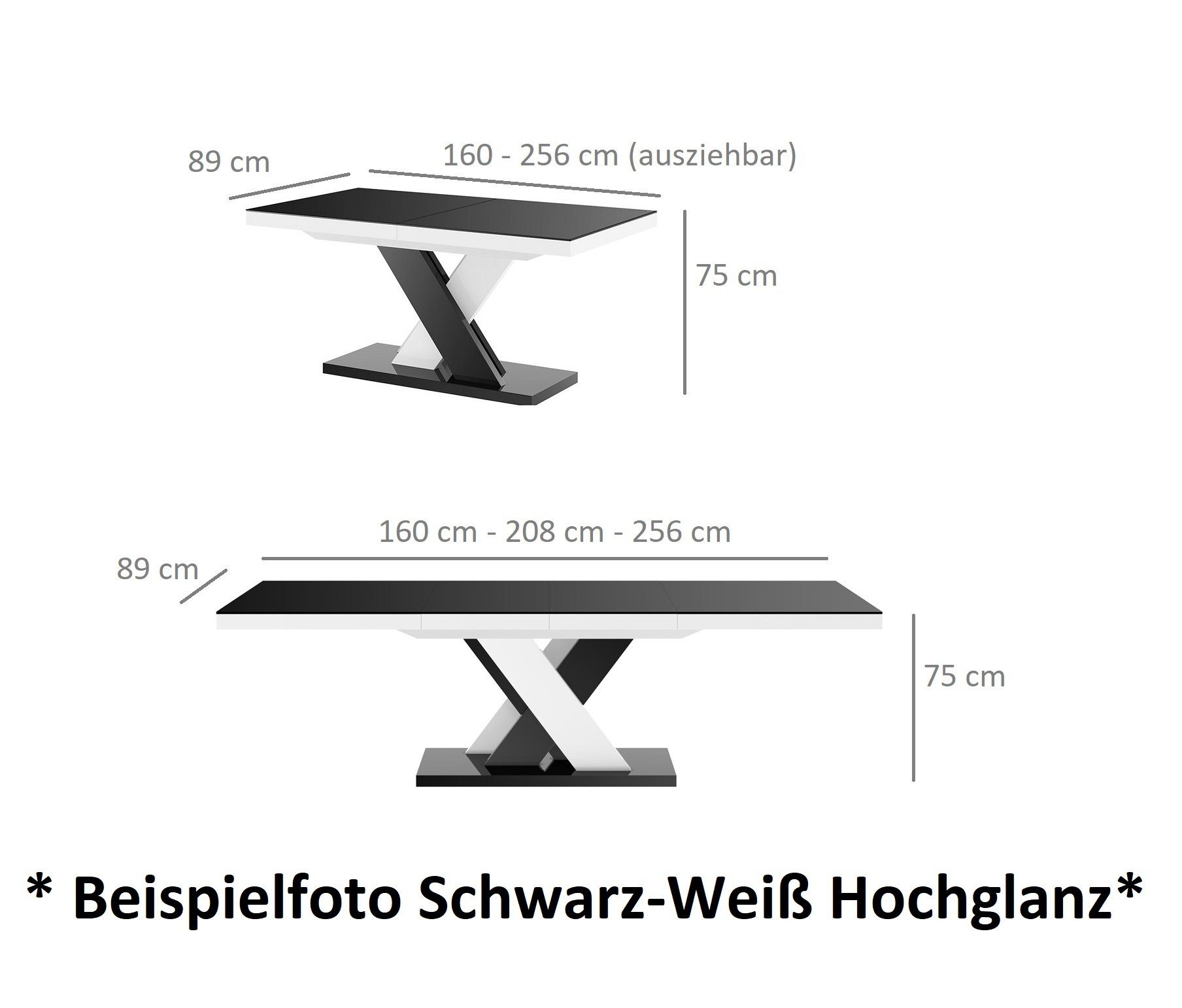 designimpex Esstisch Design Tisch 160 256 Weiß Hochglanz cm Grau / Hochglanz Grau ausziehbar HEN-111 Hochglanz / bis Weiß