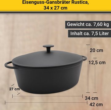 Krüger Bräter Eisenguss Gansbräter mit Deckel RUSTICA, 34 x 27 x 12,5 cm, Gusseisen (1-tlg), für Induktions-Kochfelder geeignet