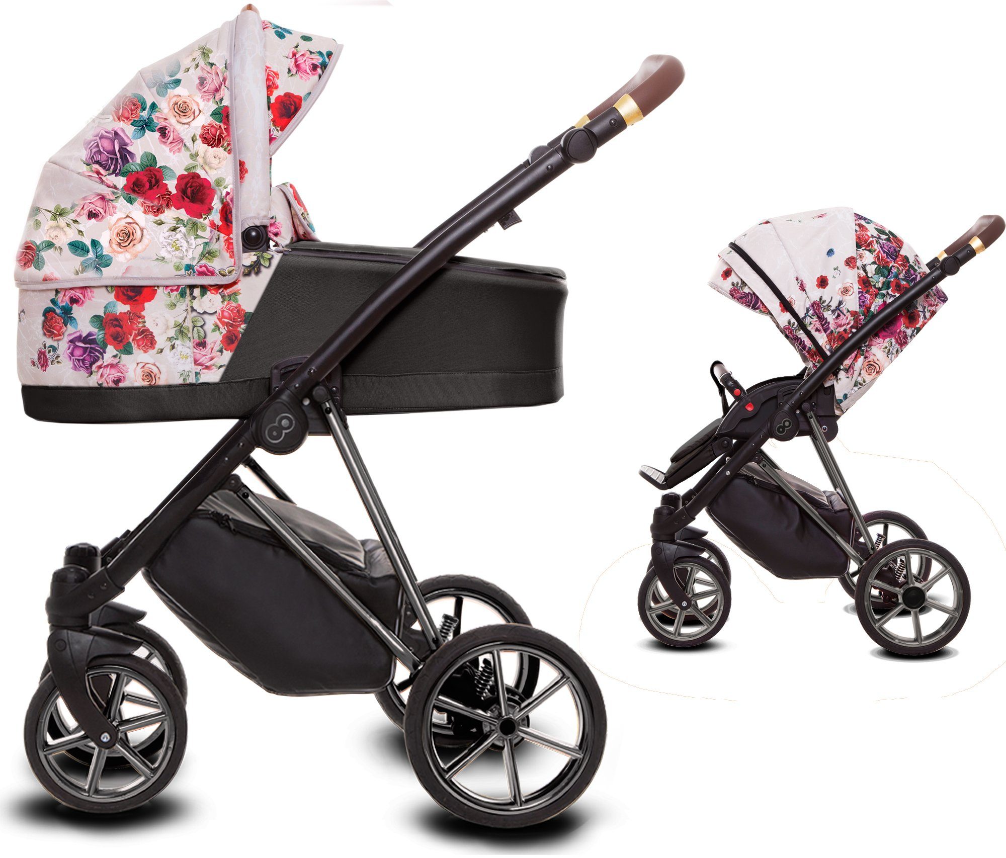 TPFLiving Kombi-Kinderwagen 2in1 Musse Light Dark Rose, Baby Buggy Babywanne Windeltasche, Regenschutz Kinderwagen 2 in 1 inkl. Zubehör, Gestell Chrom