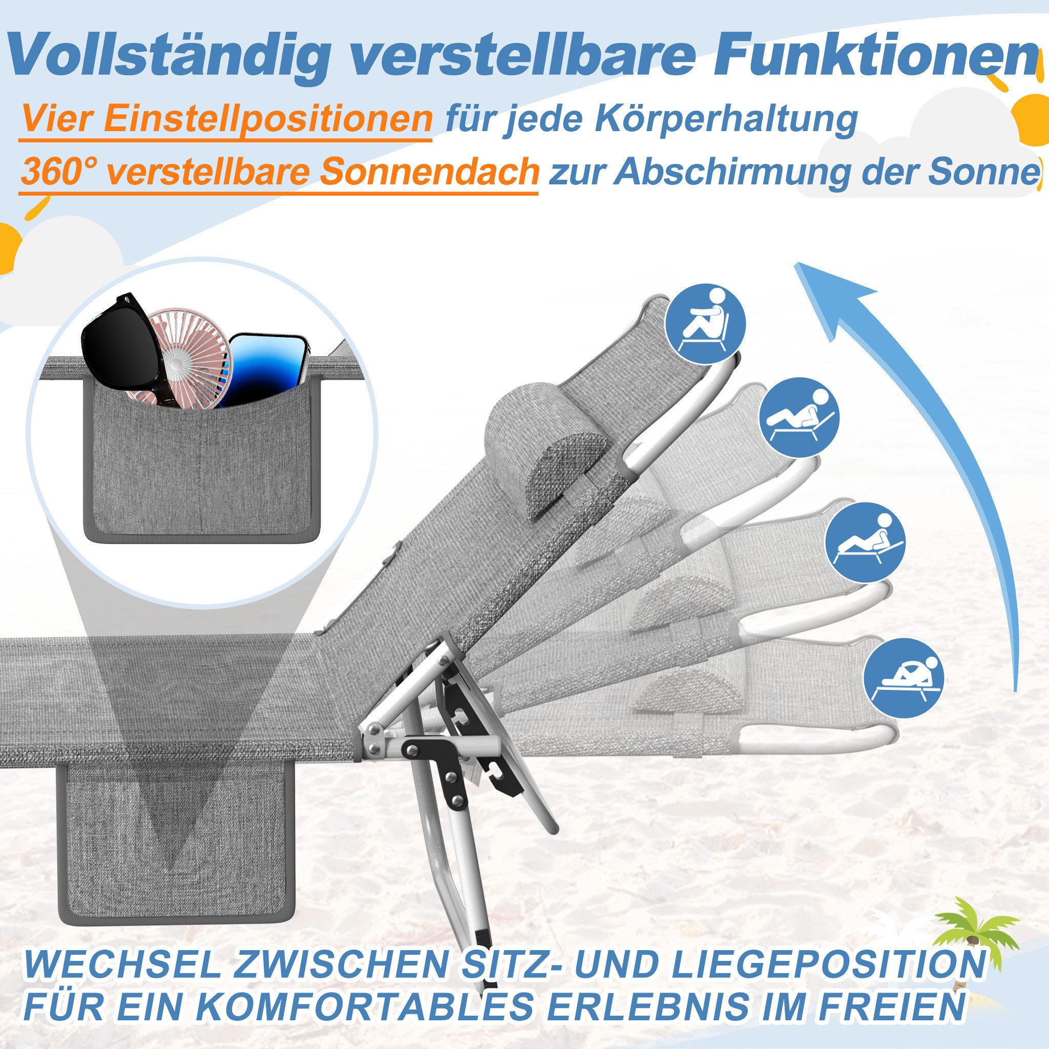 FIVMEN Gartenliege Sonnenliege Liegestuhl Garten Balkon Mit Sonnenschutz Klappbar Leicht, 2 St., Terrassen Liege Mit Dach Kopfkissen Tragegriffe Seitentasche – Bild 4 von 5