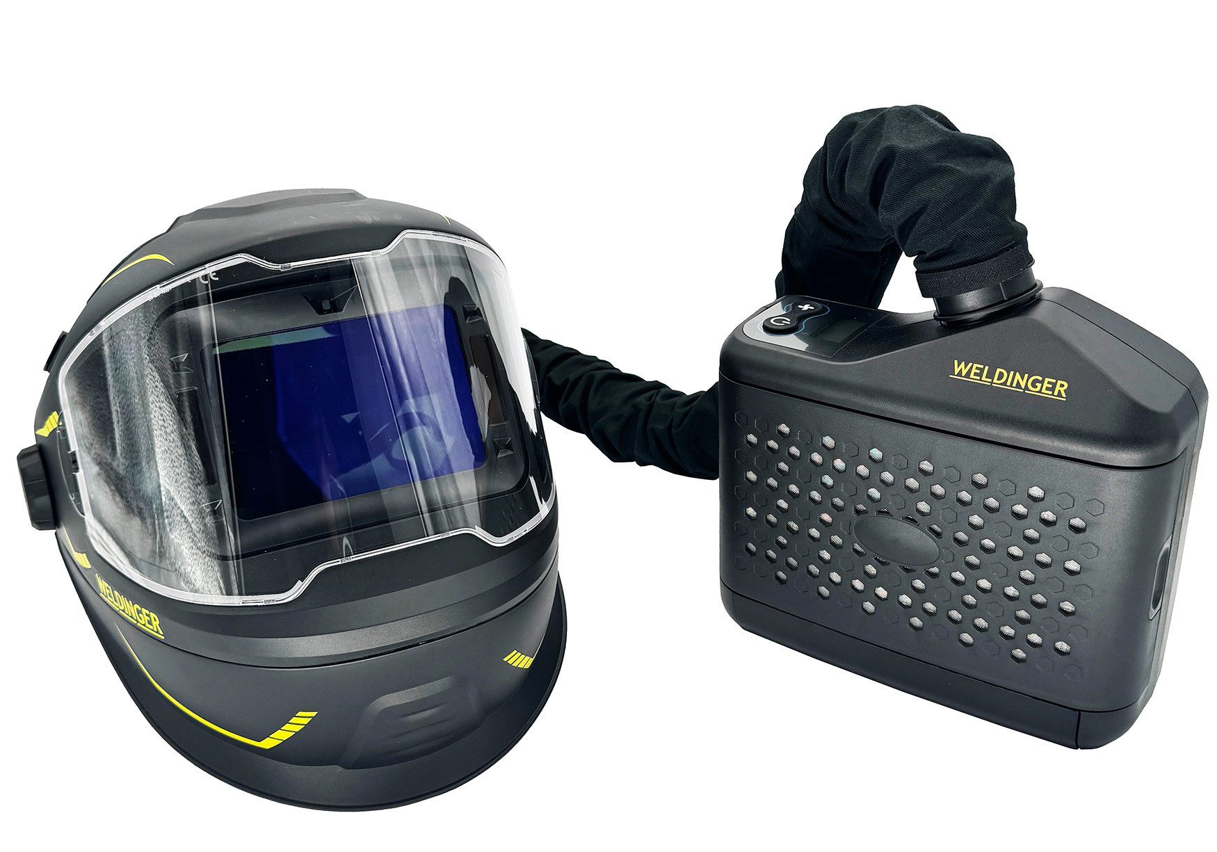 WELDINGER Schweißhelm Frischluftsystem FS-800 mit Schweißhelm AH 850 flip up air system (5-tlg), Realcolour-Sichtfeld, Flip Up-Visier, Lithium-Wechselakkusystem
