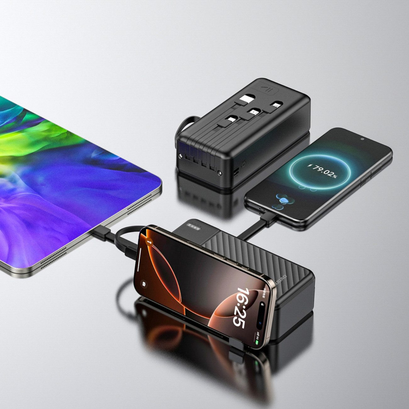 Dudao K11 Max Powerbank 30000 mAh (5 V), Powerbank mit 4 Kabeln, LED-Licht und Ständer