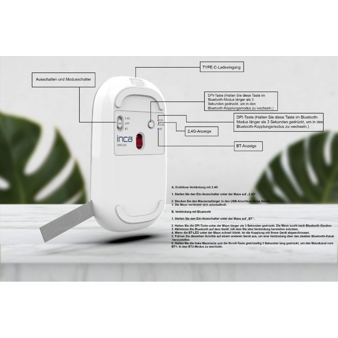 INCA IWM-242K Maus (Kabellos (Bluetooth 5.4), Kabellos (2.4 GHz Wireless), Kabellose Maus mit Dual-Bluetooth 5.4 & 2.4G) – Bild 2 von 4