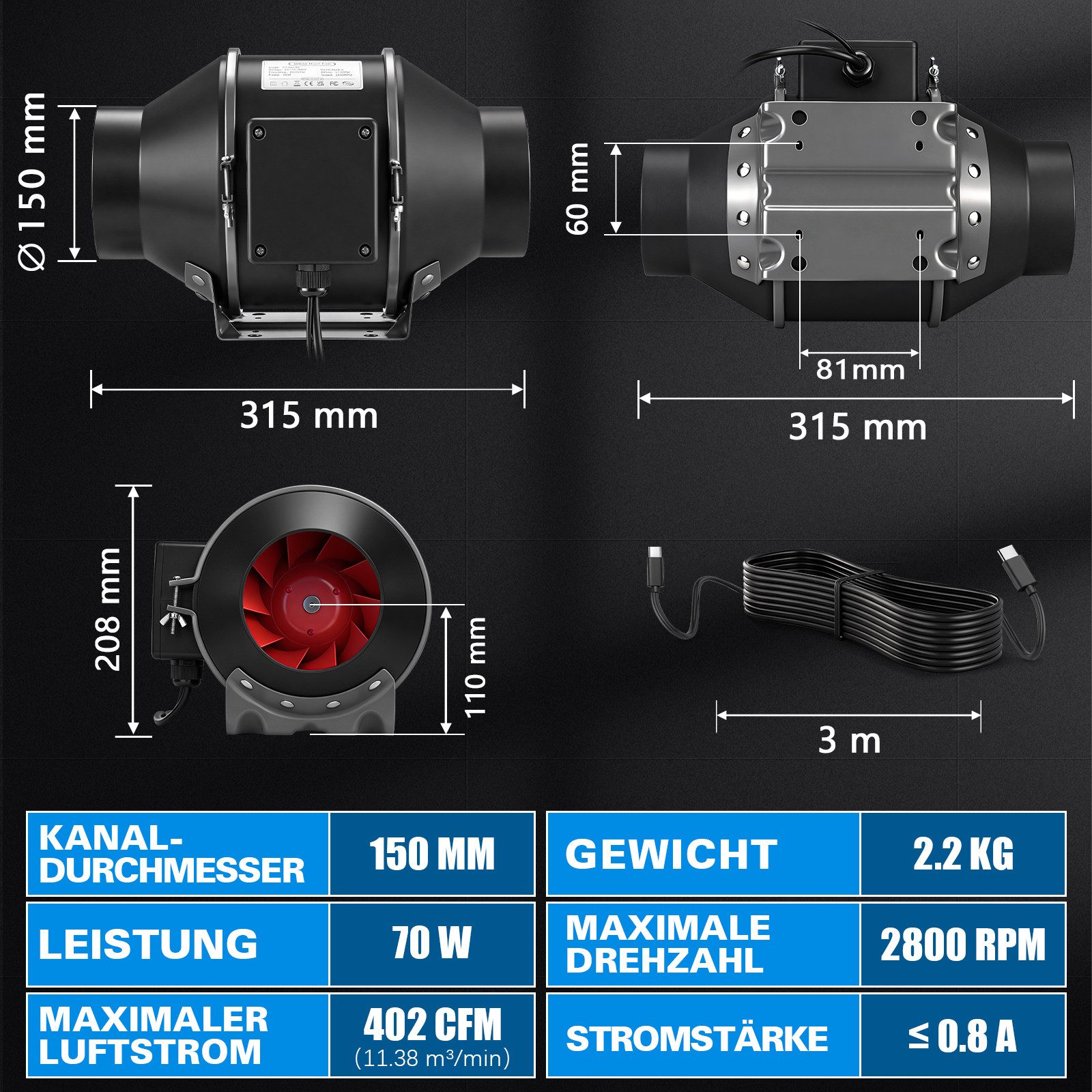 XERSEK Badlüfter 70W/150mm Abluftventilator 683m³/h Rohrventilator mit EC-Frequenzmotor, Stufenlose Regelung, 35–56 dB, Belüftung Für Bad Küche WC Growzelt usw