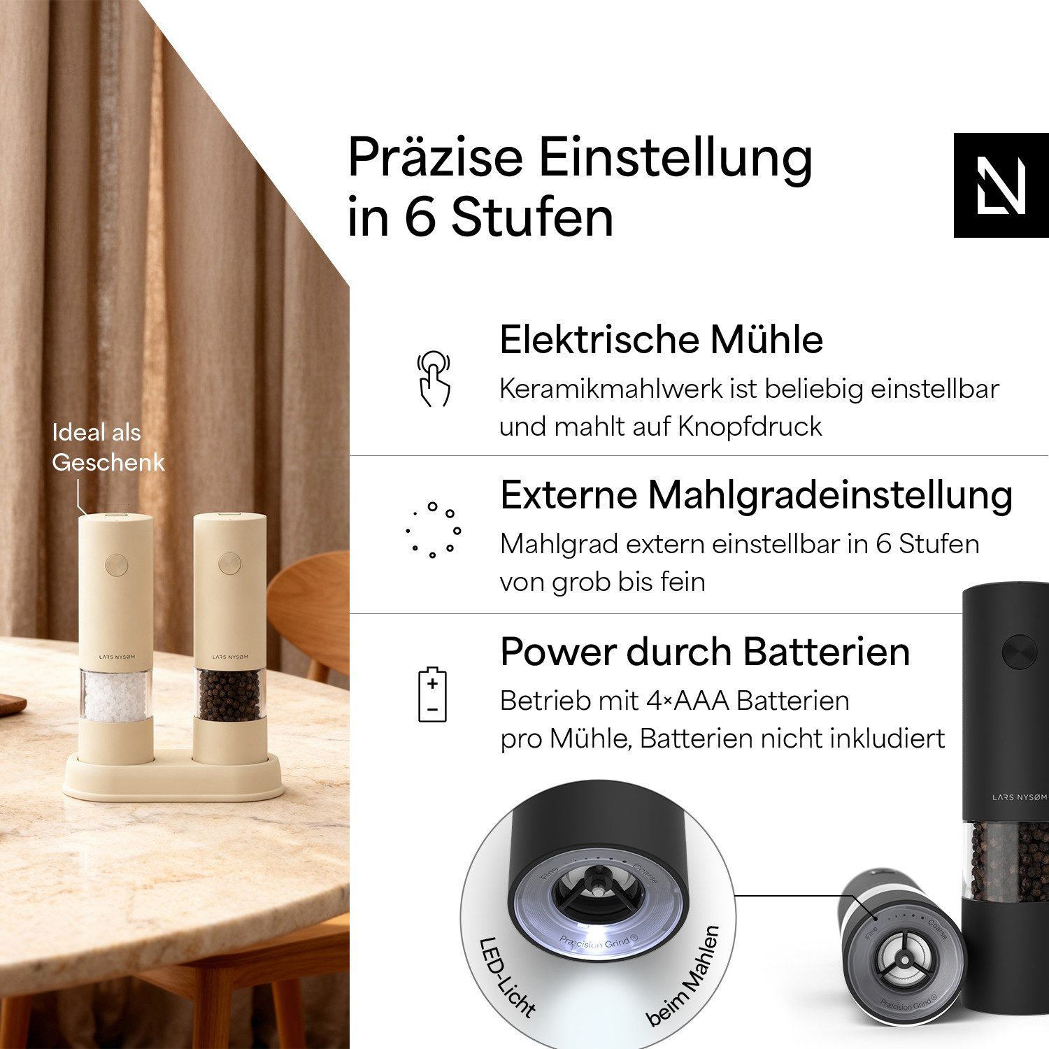 LARS NYSØM Gewürzmühle Kryd praktische Einhandbedienung per Drucktaste, (2 Stück), elektrische Salz- & Pfeffermühle mit Ständer