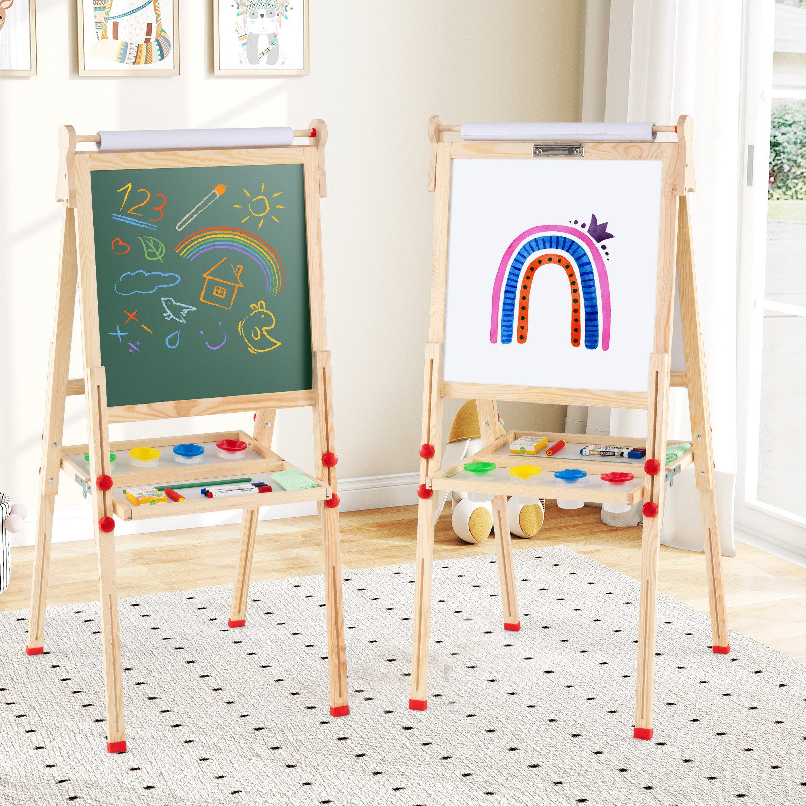 COSTWAY Kinderstaffelei, höhenverstellbar, Holz mit Ablage & Zubehör