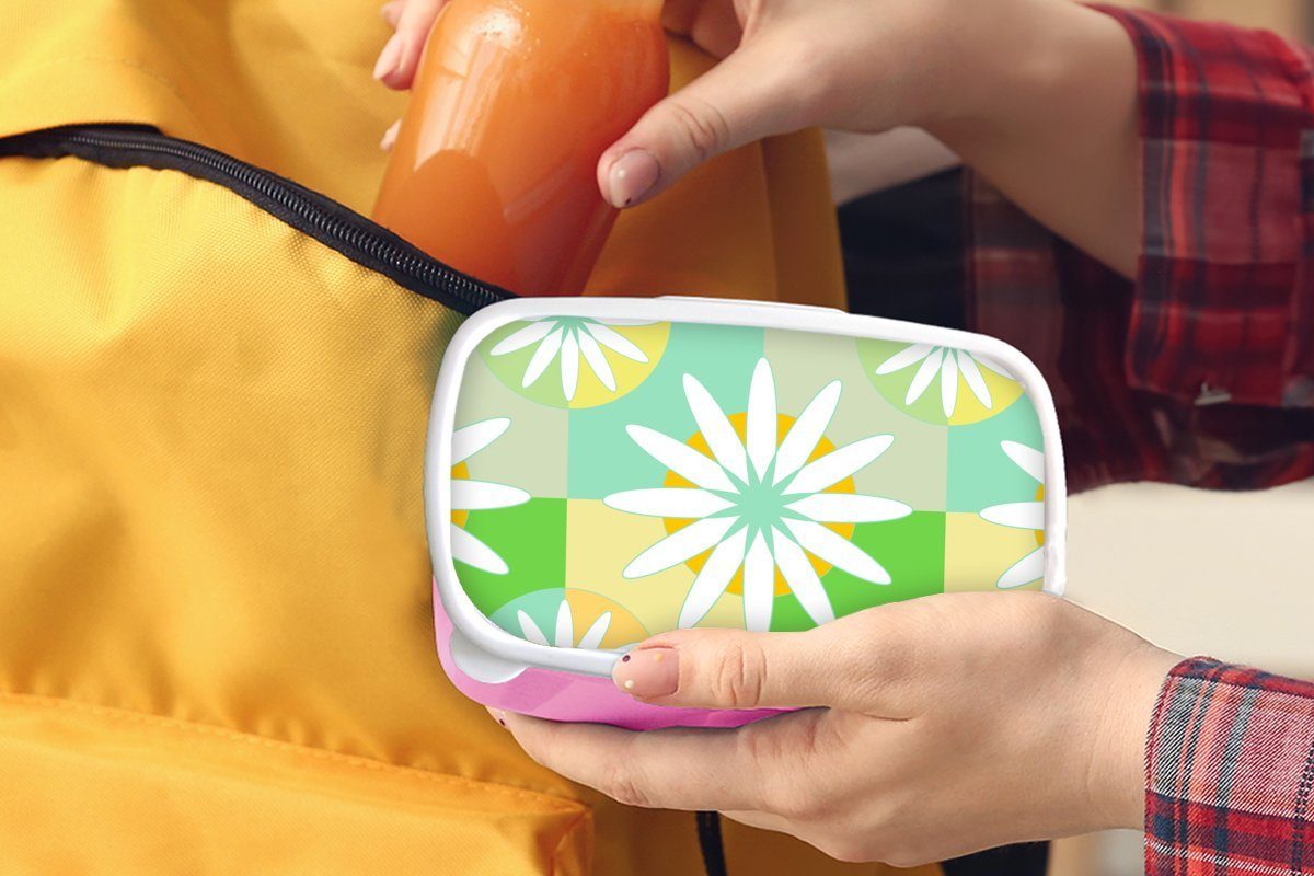 Kunststoff Mädchen, Brotdose - für Lunchbox Blumen Sommer MuchoWow Erwachsene, Kinder, (2-tlg), rosa Muster, Snackbox, Kunststoff, - Brotbox