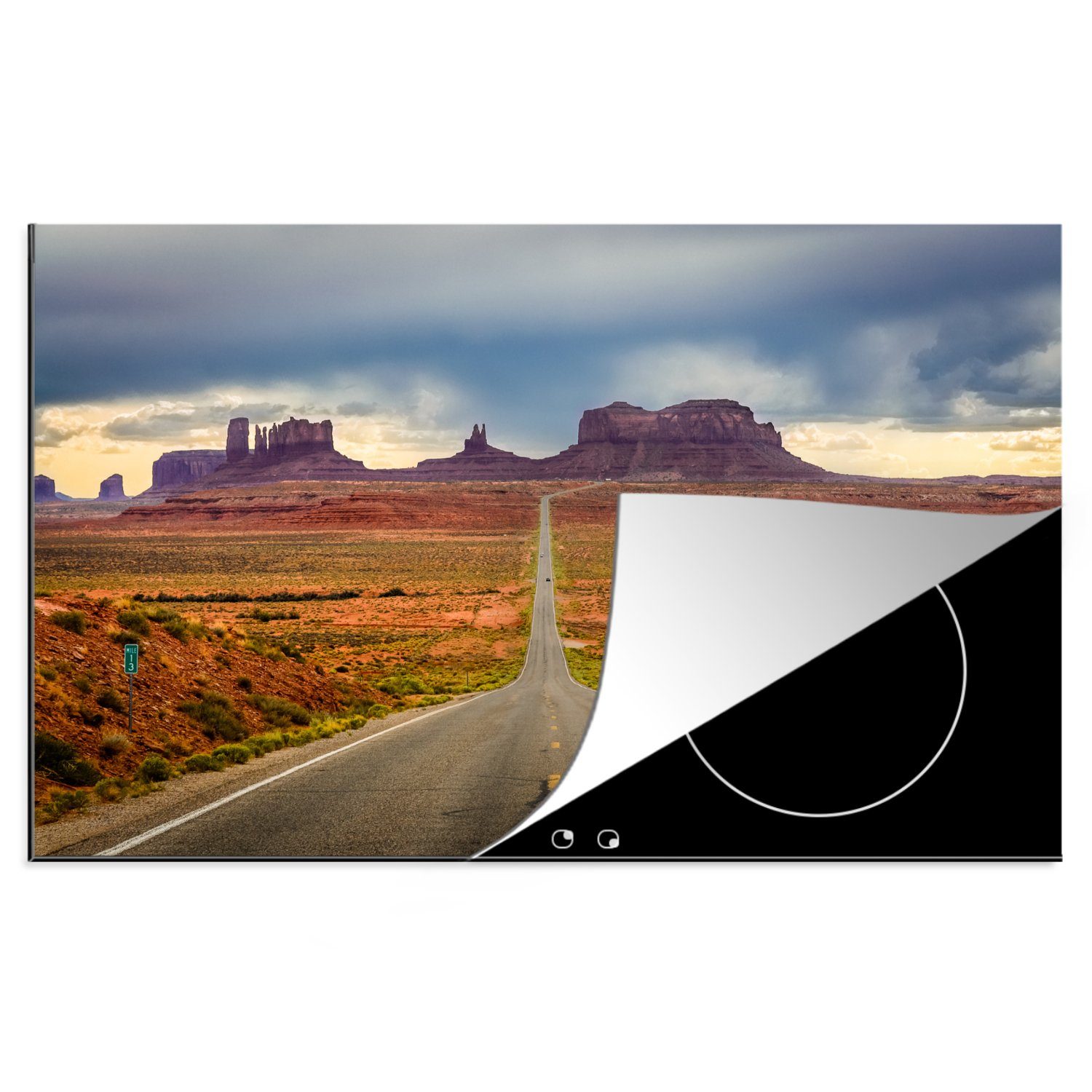 MuchoWow Herdblende-/Abdeckplatte Foto von einer Straße im Monument Valley, Vinyl, (1 tlg), 81x52 cm, Induktionskochfeld Schutz für die küche, Ceranfeldabdeckung