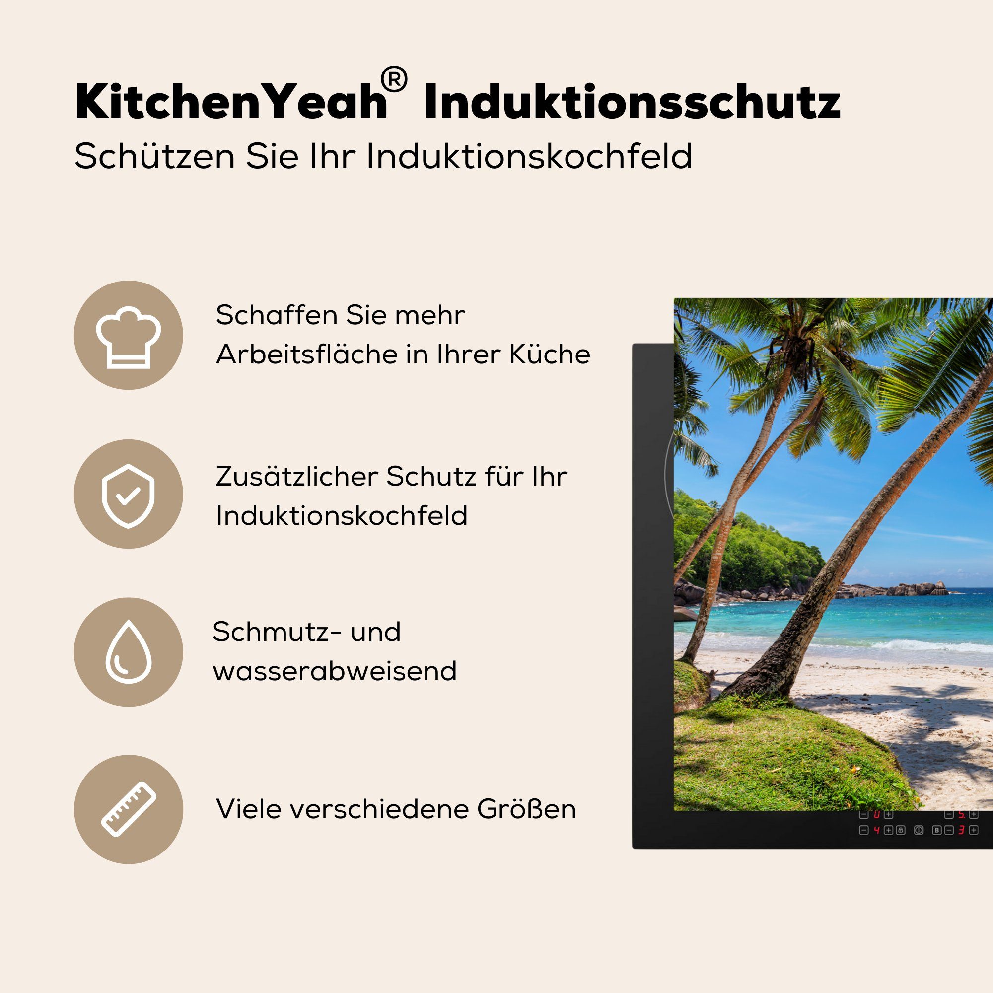 Vinyl, Meer Induktionskochfeld küche, MuchoWow - Herdblende-/Abdeckplatte Schutz Palmen Strand die - für Ceranfeldabdeckung Sonne, (1 - tlg), cm, 81x52