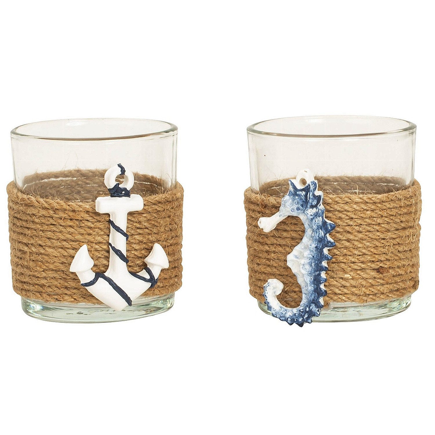 Macosa Home Teelichthalter 2er Set maritim Seepferd Anker Glas Jute (Meer Sommerdeko Baddeko Strandhausstil Küste, 2 St., Tischdekoration Kerzenhalter Teelicht-Halter), rund Deko Glaswindlicht Windlicht
