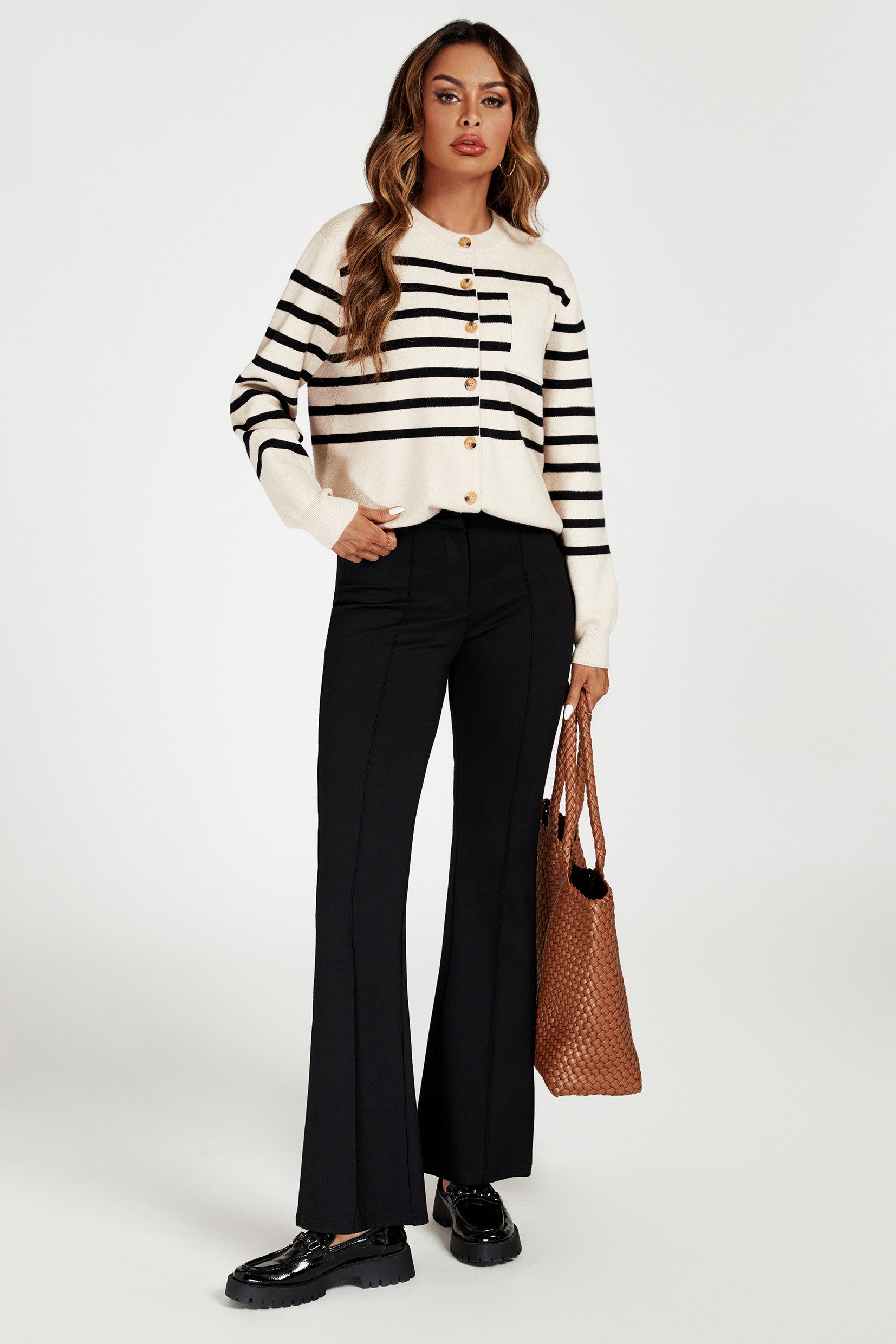 FS Collection Cardigan Damen Strickjacke mit Taschenstreifen & Knopfleiste - Cardigan (Einheitsgröße: UK 8–16 / EU 36–44, 2 Farben : Creme und Dunkelgrau) 56 % Viskose, 26 % Polyester und 18 % Wolle